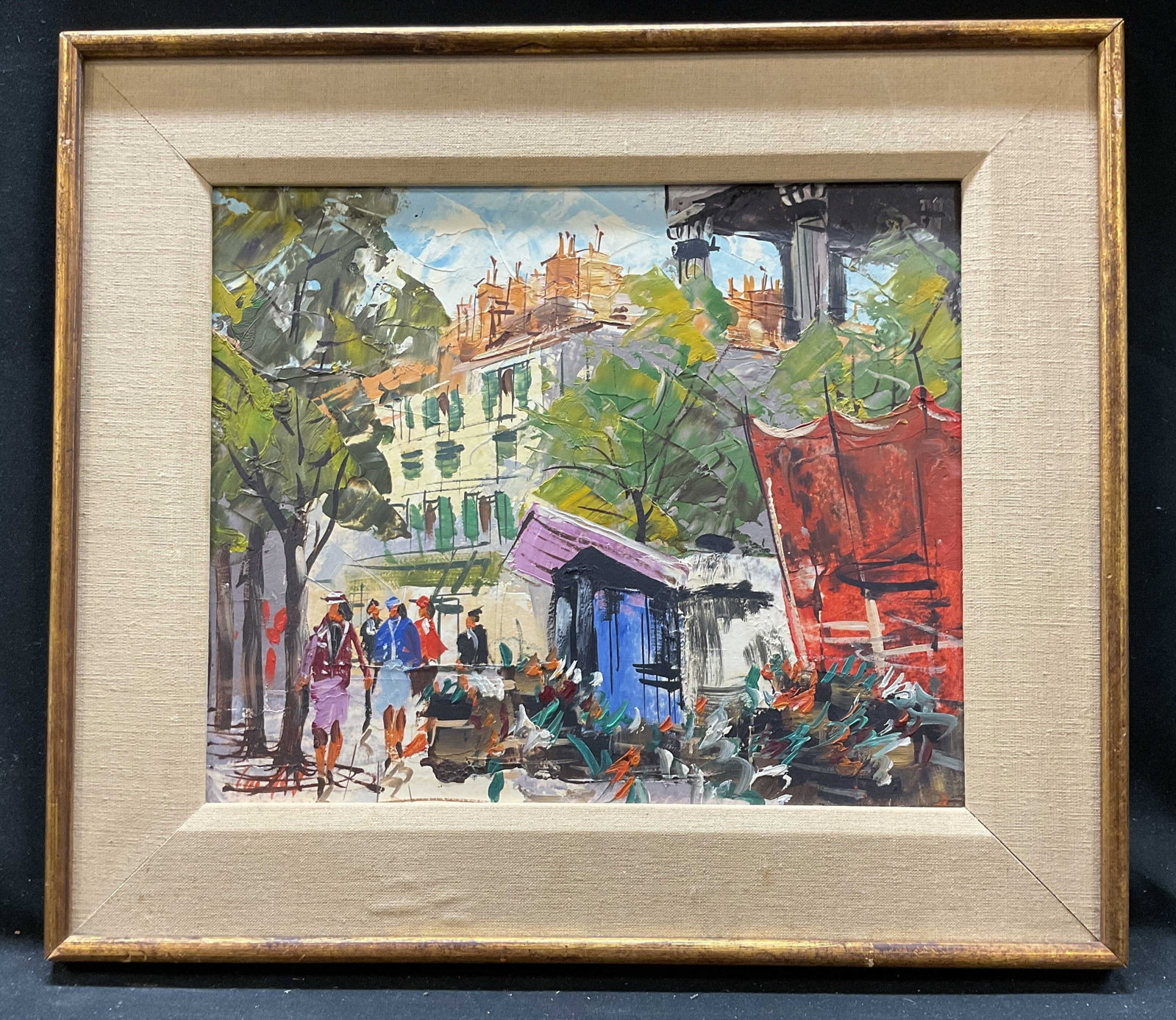 Signed Oil Painting colorful Cityscape Street Sc: Signed illegibly lower left, thickly painted street scene, with colorful trees, fashionable ladies, and European style building back drop, MCM, style and textured surface, framed with silk matting and