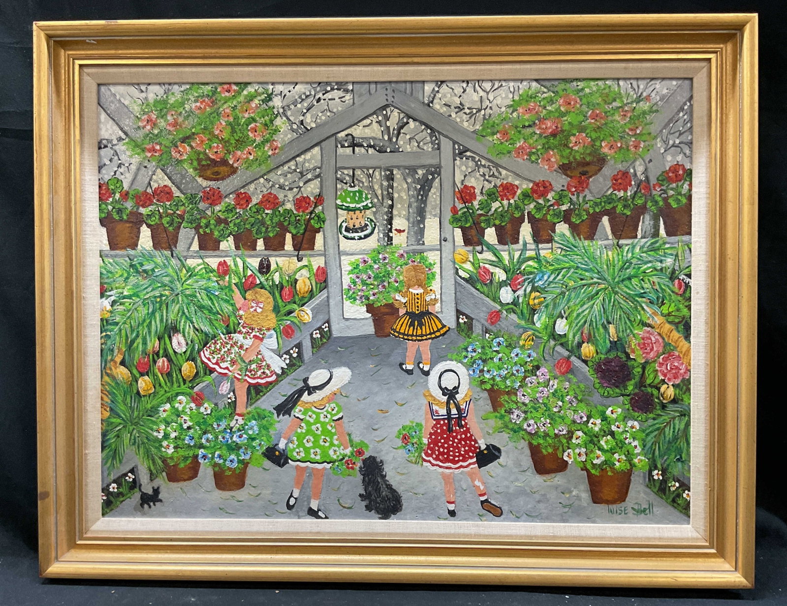LUISE BELL Folk Art Painting Garden Scene: Naive Folk Art Painting signed in lower right features children in a greenhouse surrounded by pots of red white and lilac flowers, the painting is housed in a gold colored frame, decorative artwork, i