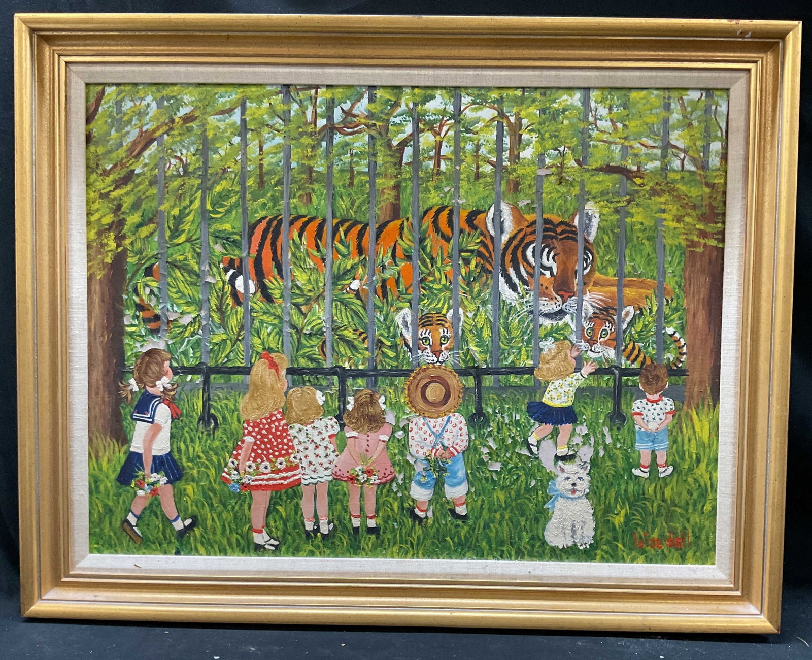 LUISE BELL Naive Folk Art Painting: Professionally framed in gold leafed frame, and matted, painting depicts children admiring tigers at the zoo, signed lower left by artist Luise Bell, this folk art painting uses vivid greens, red, blu