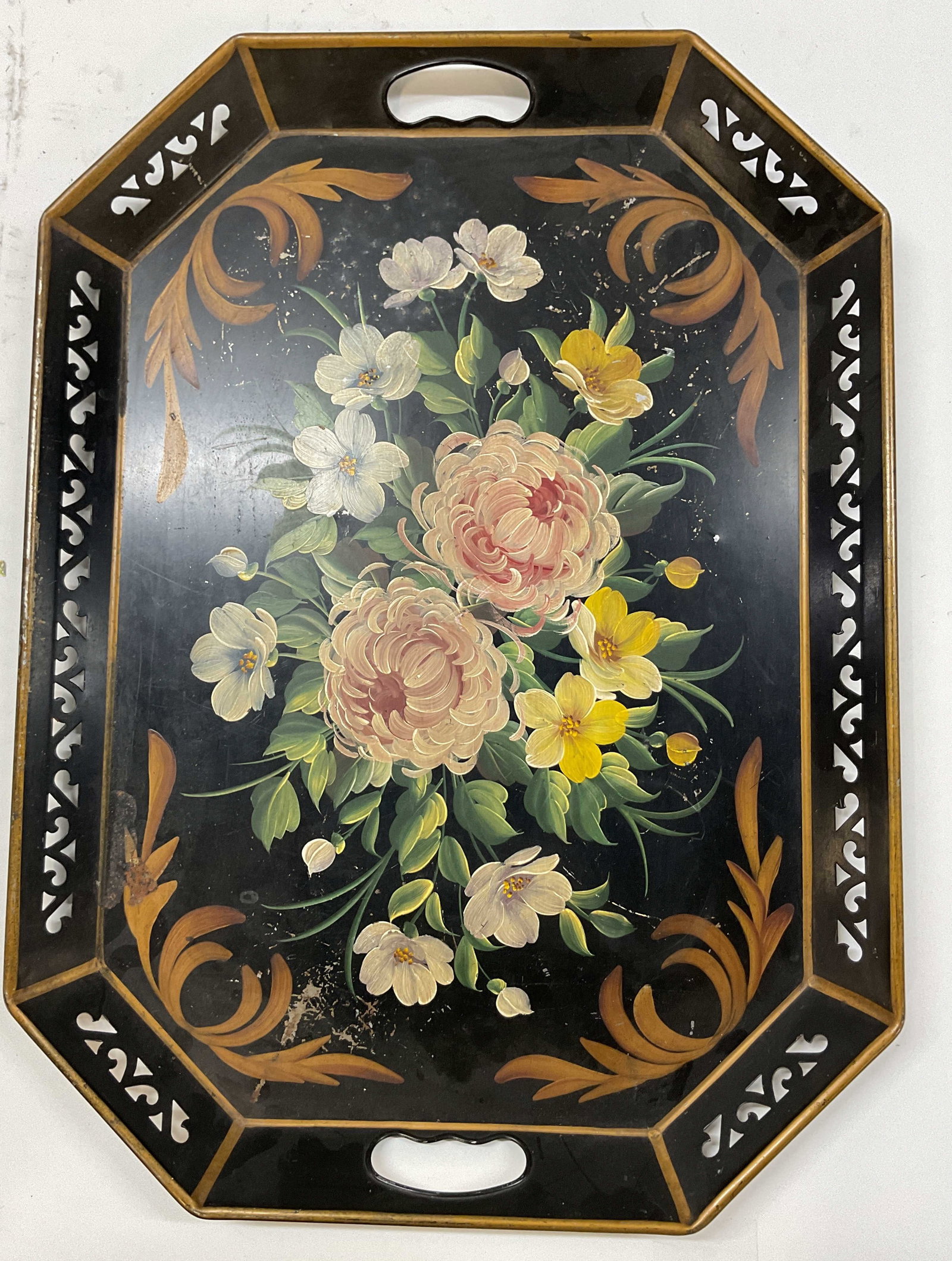 Antq Hand Painted Toleware Metal Tray (1 of 12)