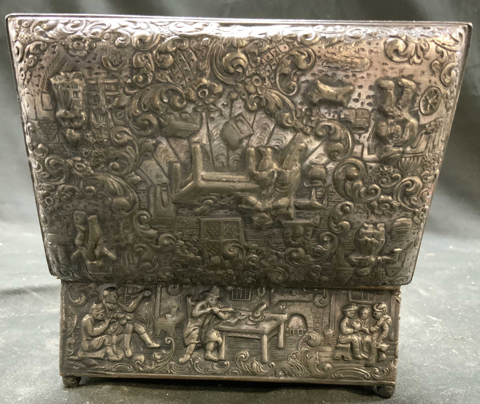 Antq Barbour Silver Co Repousse Silver Pl Box: Antique Barbour Silver Plated Repousse Dresser or jewelry box, it features detailed relief scenes of folk dancers, villagers, village, swirls swags, pub scene and more, box is wood lined and markings 