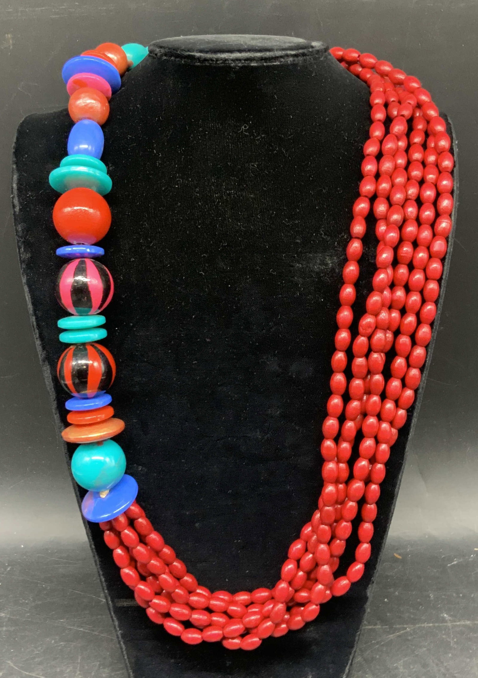 Vintage Red & Blue Chunky Beaded Necklace: Vintage red and blue chunky beaded multi strand necklace. Drop length 13 inches. Some scratching. Jewelry, estate jewelry, costume jewelry, cocktail jewelry, fashion jewelry, accessories, fashion acce