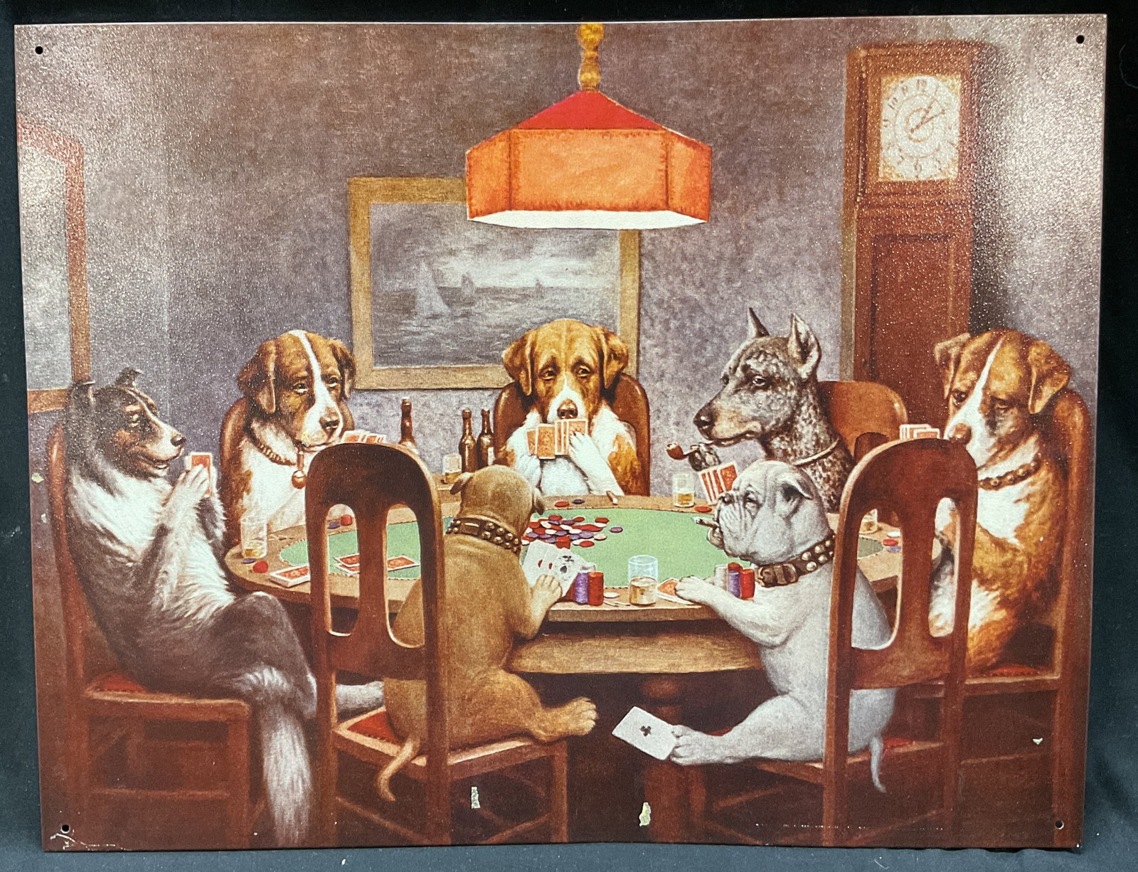 Dogs Playing Poker Metal Wall Sign: Metal wall sign of dogs sitting around a table playing poker. Varying colors. Measures approx 12.5 x 16 inches. Scratching. Wall sign, wall decor, decor, home decor, home accessories, accessories. 4B