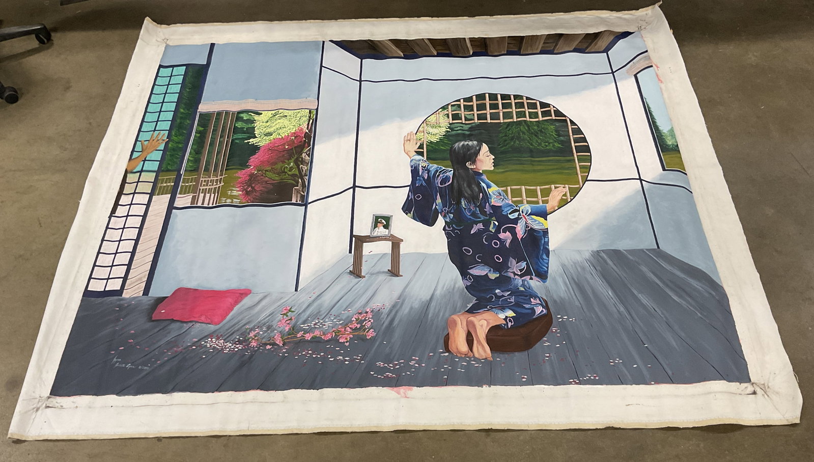 Signed Judith Lynn Madama Butterfly Oil Painting: Oil on unstretched canvas. Signed lower left, Judith Lynn, 2000. Madama Butterfly. Kneeling woman at window. Canvas measures approx. 72 x 85 inches. Some marks on canvas. Art, fine art, home decor,