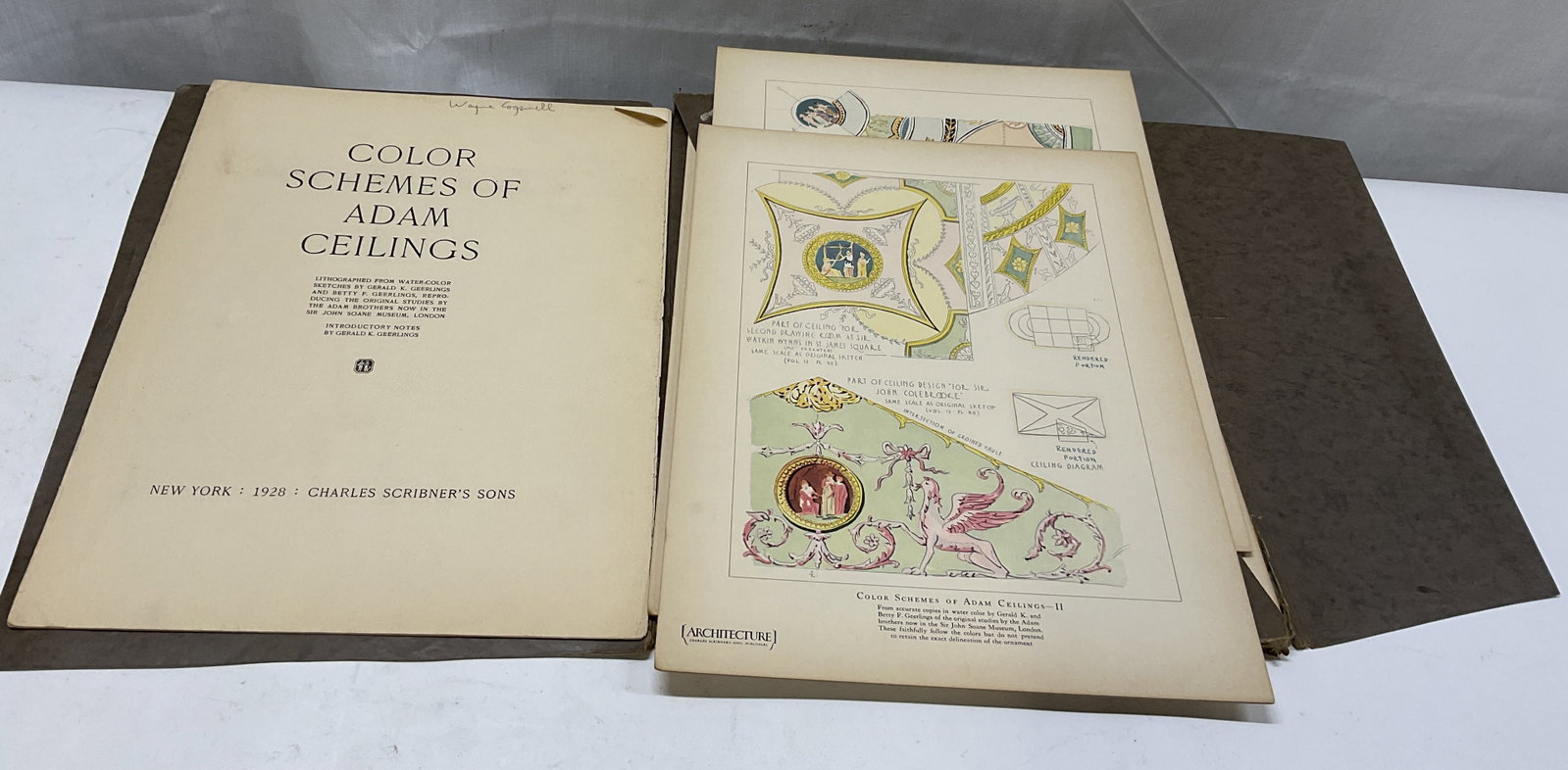 ANTQ 1928 ILLUS Geerings Schemes of Adam Ceilings: Antique 1928 Schemes of Adam Ceilings Pages. Features Lithographs of Water-Color Sketches by Gerald K. Geerlings and Betty F. Geerlings Based on Studies in Londons Sir John Soane Museum. Published by 