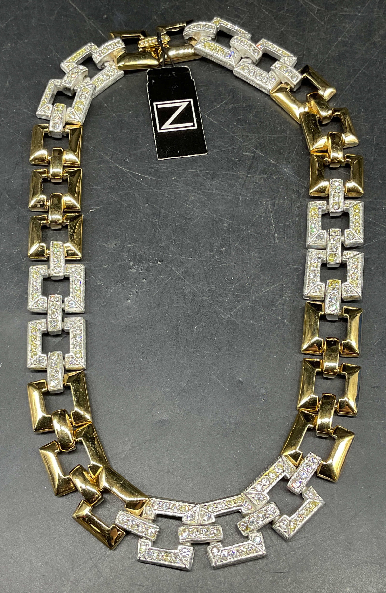 Vtg Napier Silver & Gold Tn Rhinestone Necklace: Vintage Napier silver and gold tone chain pink necklace with rhinestones. New with tag. Drop length 7 inches. Some scratching. Jewelry, estate jewelry, costume jewelry, cocktail jewelry, fashion jewel
