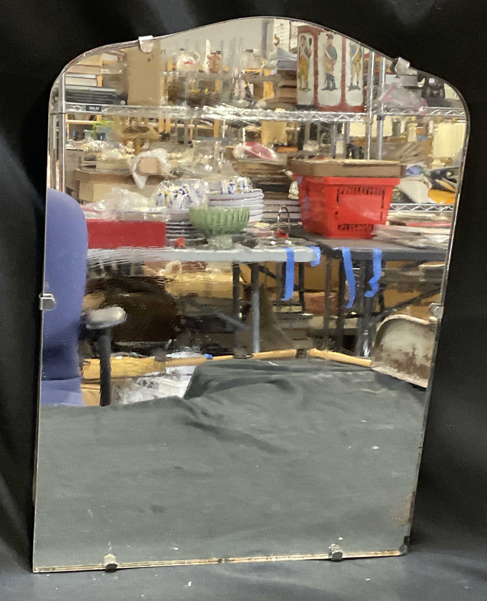 VINTAGE Art Deco Style Beveled Edge Mirror: Vintage Art Deco Style Frameless Beveled Edge Mirror. Foxing, Scratching, and Cracks Present. Measures app 18in H x 13in L x 0.5in W. Vintage, Art Deco, Frameless, Beveled Edges, Mirrors, Vanity, Home
