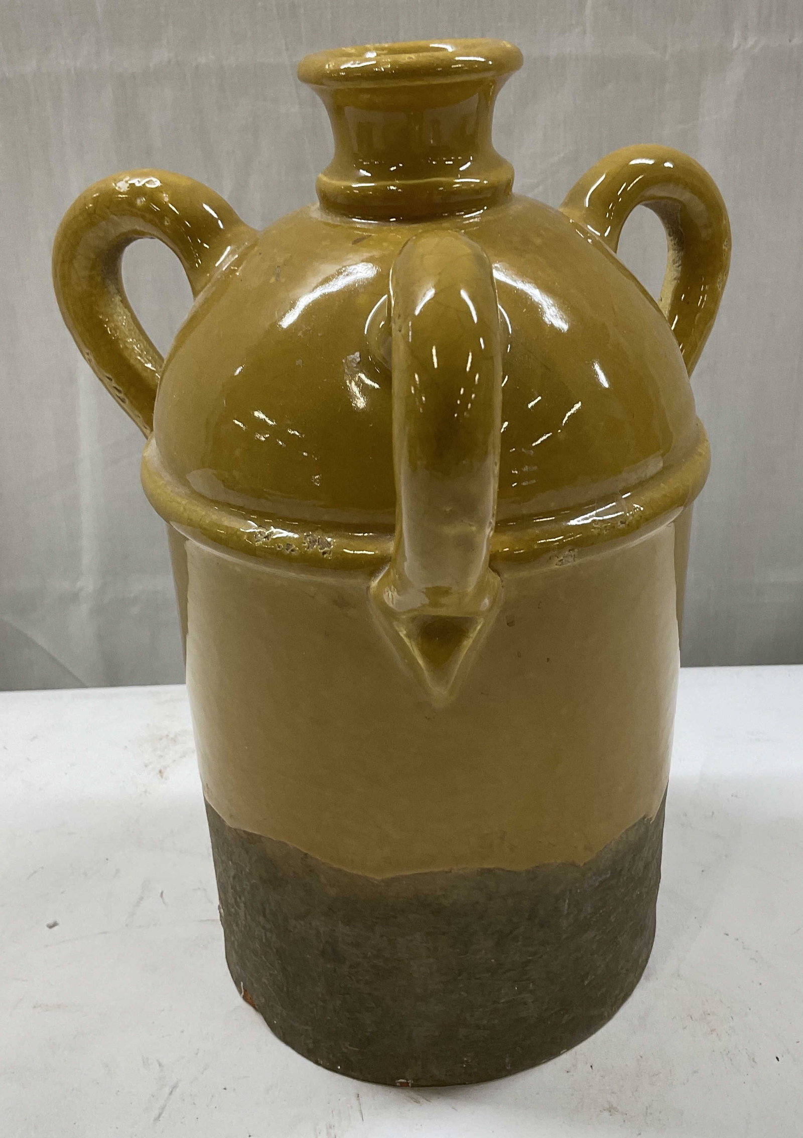 Yellow Glazed 3-Handled Pottery Vase (1 of 7)