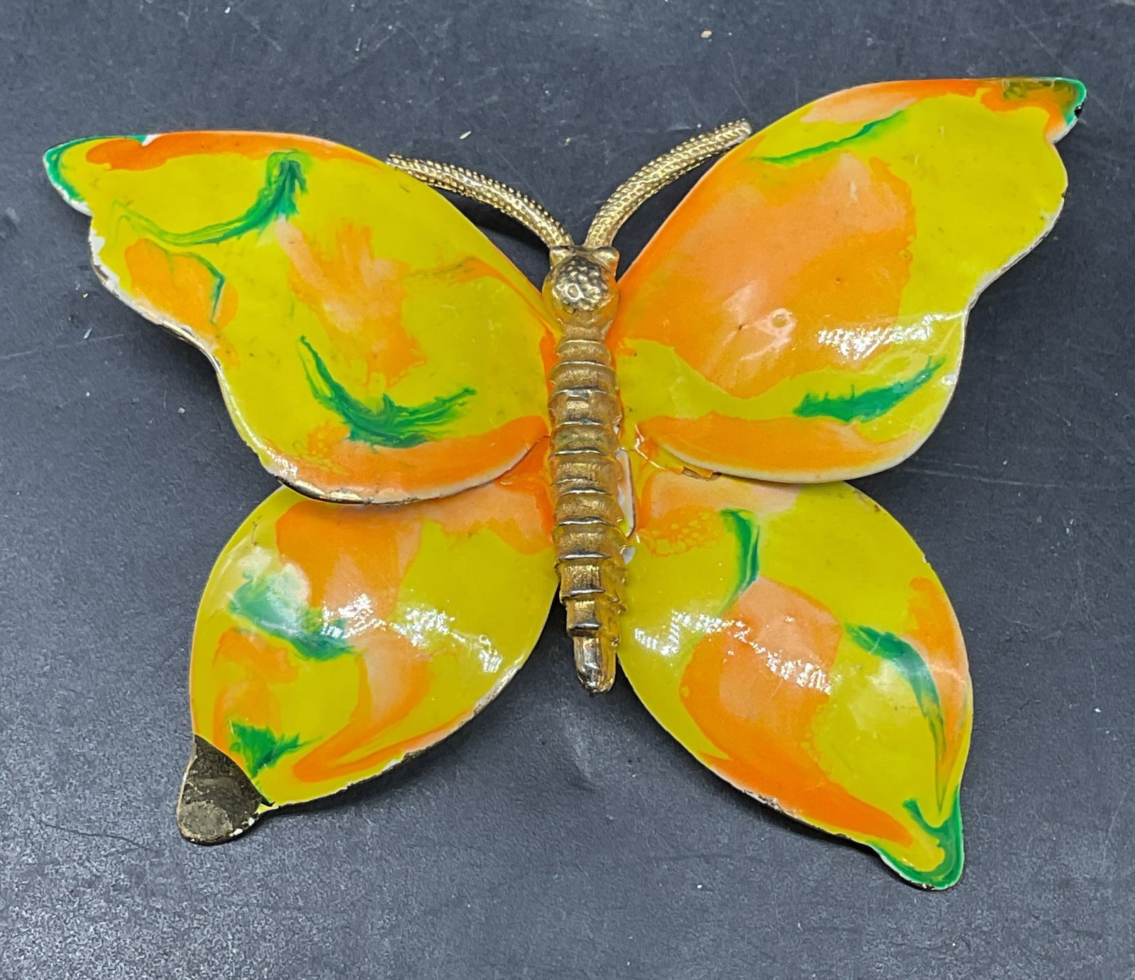 Gold Tone Yellow Enamel Butterfly Brooch: Gold tone yellow enameled butterfly brooch. Measures approx. 2.75 x 2 inches. Some scratching. Jewelry, estate jewelry, costume jewelry, cocktail jewelry, fashion jewelry, accessories, fashion accesso
