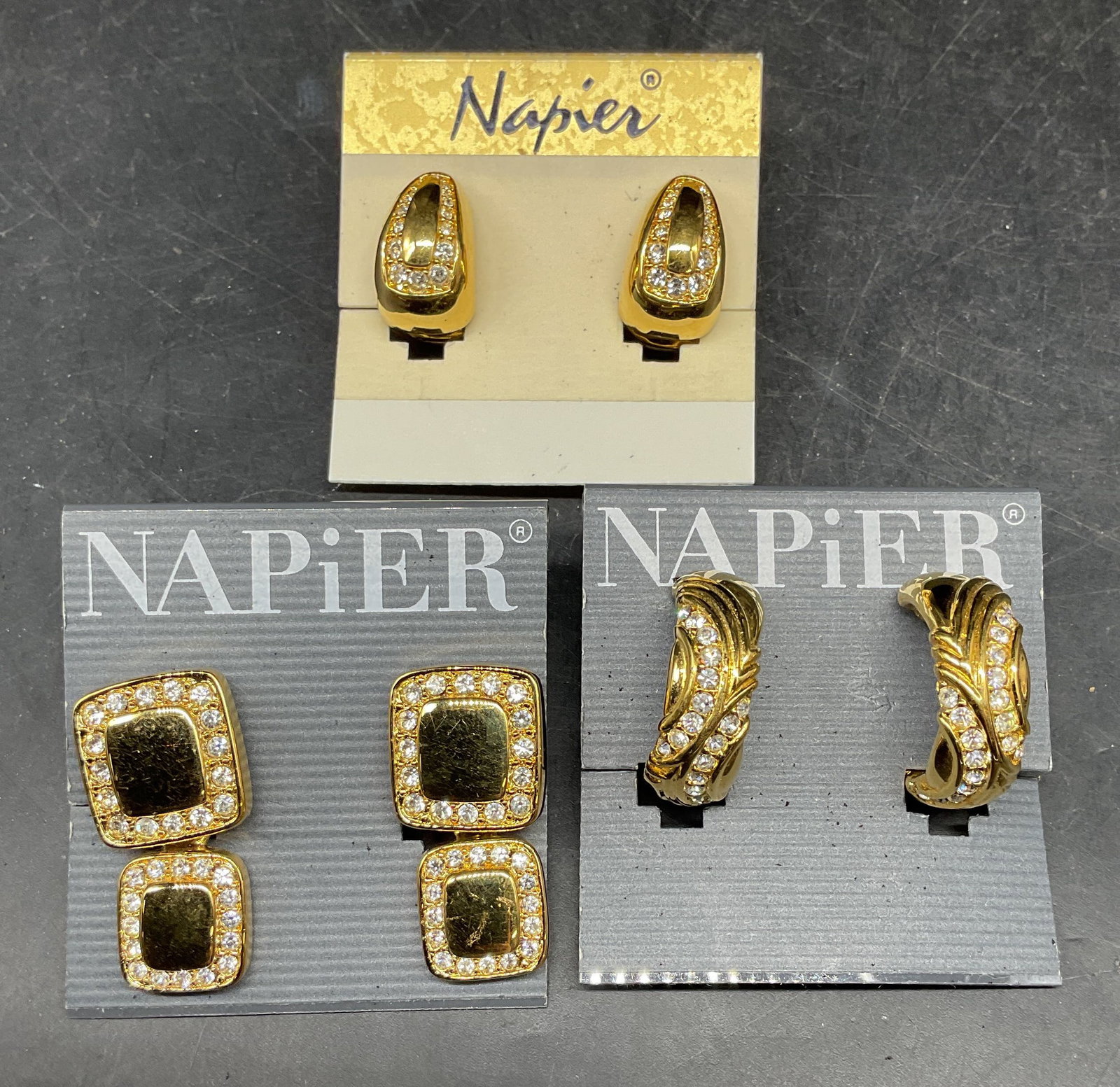 3 Napier Gold Tone Rhinestone Earrings NWT: Lot of 3 pairs of vintage Napier gold tone earrings with rhinestones. New with tags. Largest measures approx. 1.25 inches long. Some scratching. Jewelry, estate jewelry, costume jewelry, cocktail jewe