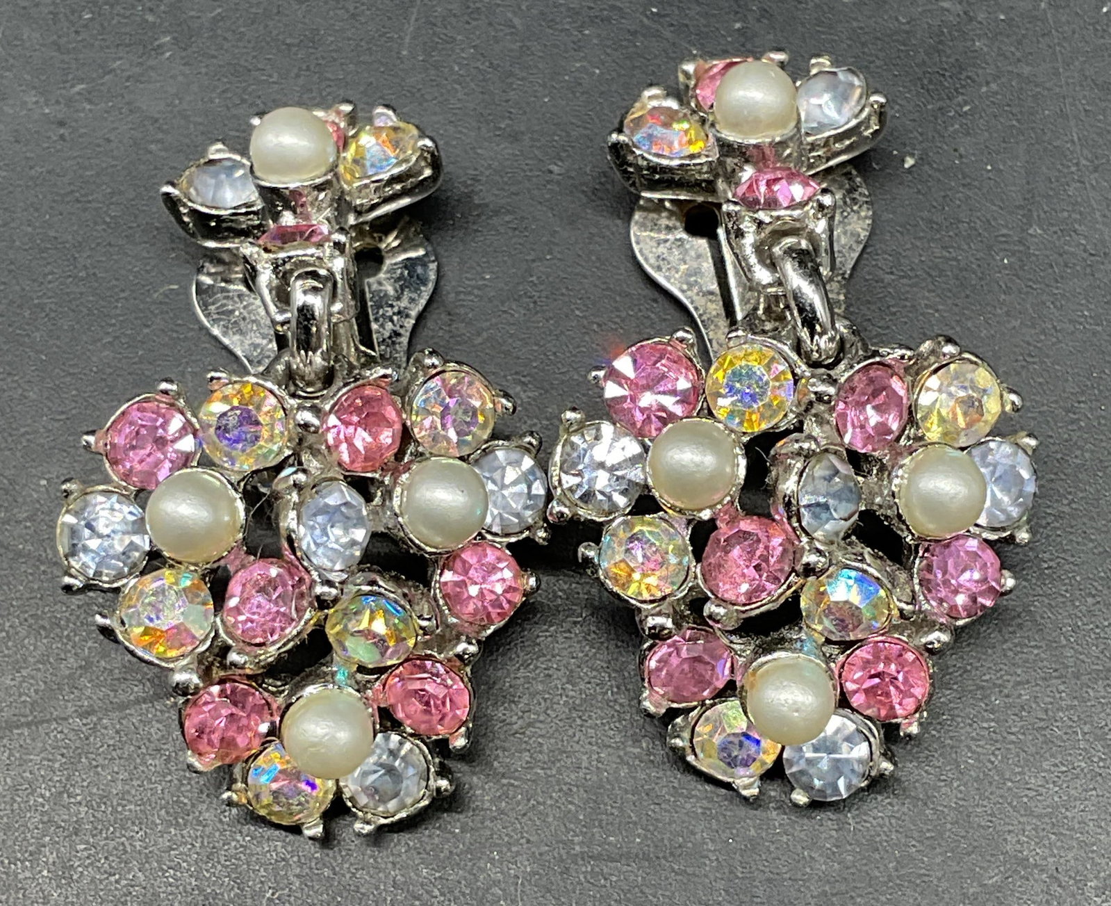 Bogoff Pink Rhinestone Faux Pearl Earrings: Vintage Bogoff silver tone pink and colorless rhinestone earrings with faux pearls. Measures approx. 1.25 inches long. Some scratching. Jewelry, estate jewelry, costume jewelry, cocktail jewelry, fash