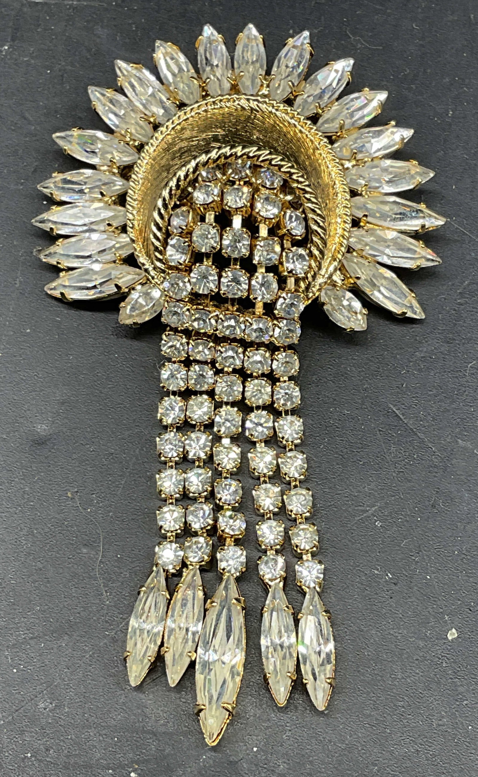 Signed Gold Tone Rhinestone Tassel Brooch (1 of 7)