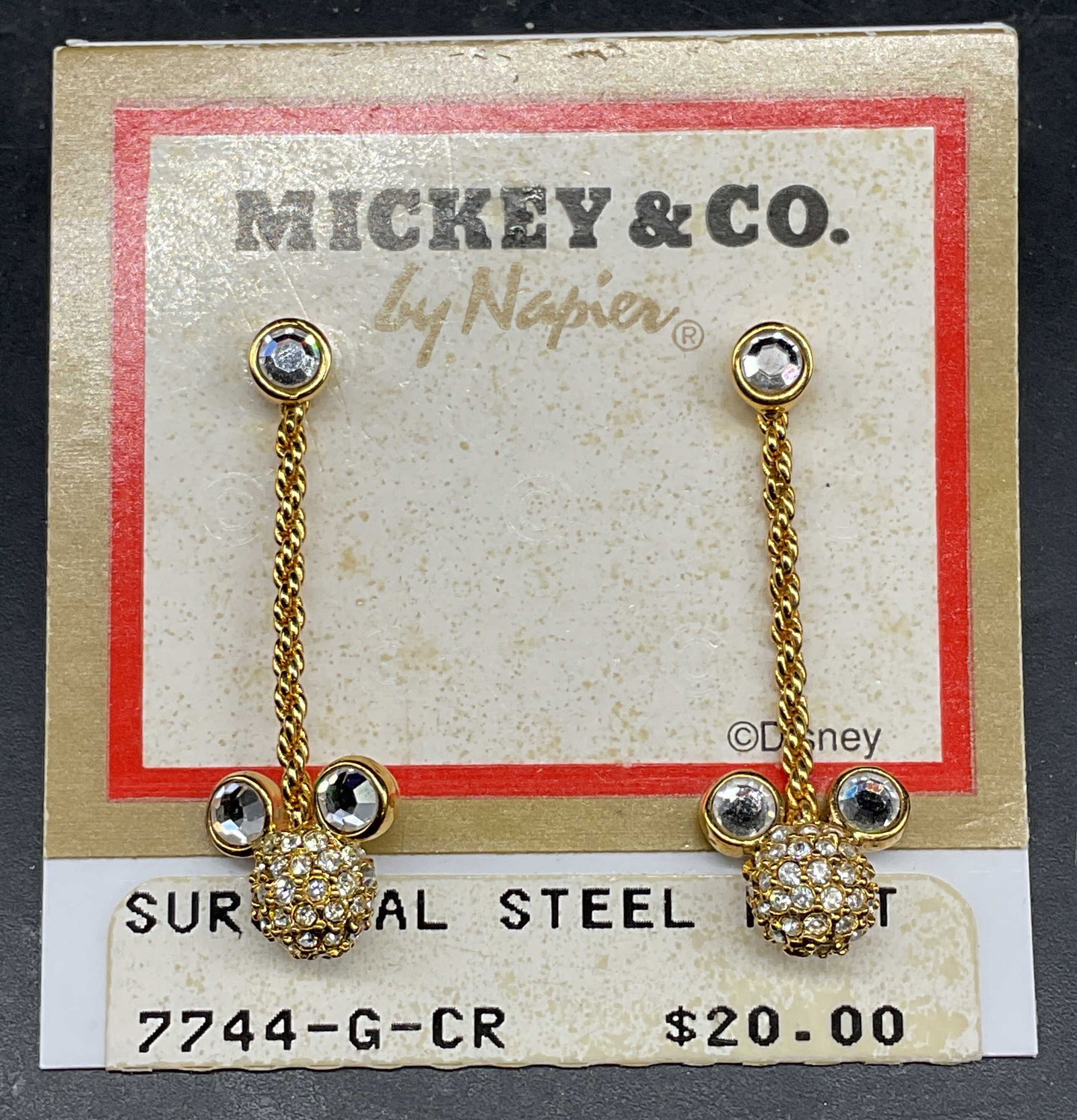 Napier Mickey Gold Tn Rhinestone Earrings NWT: Mickey & Co by Napier gold tone rhinestone Mickey Mouse dangle earrings. New with tag. Measures approx. 1 7/8 inches long. Some scratching. Jewelry, estate jewelry, costume jewelry, cocktail jewelry, 