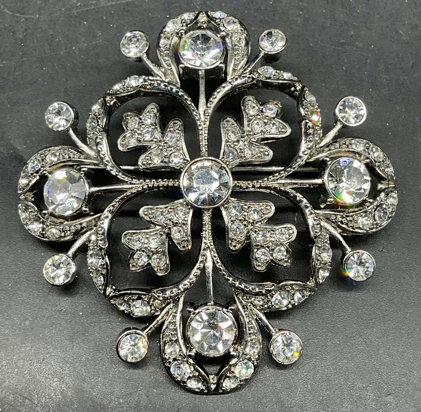 Monet Silver Tone Rhinestone Filigree Brooch (1 of 6)