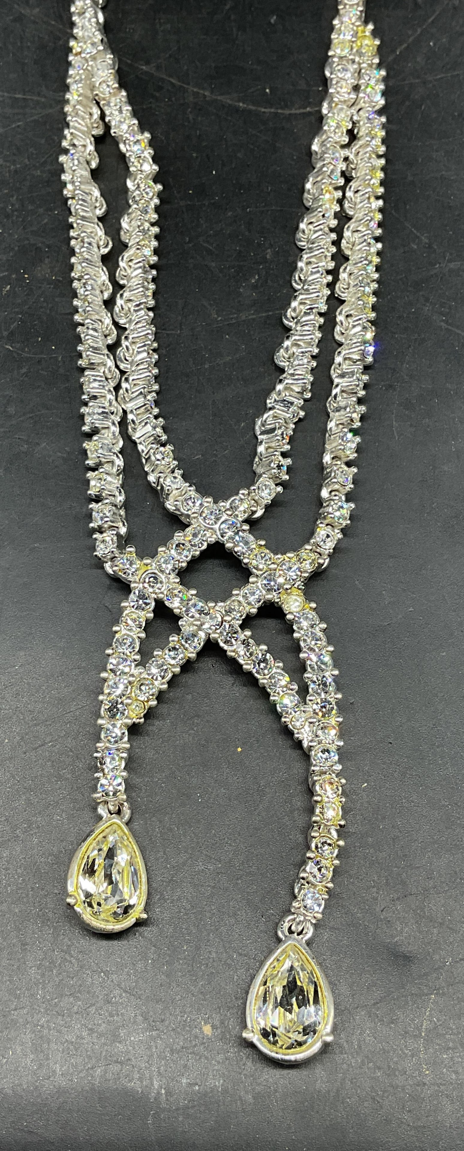 Napier Silver Tone Rhinestone Necklace NWT: Vintage Napier silver tone rhinestone chandelier statement necklace. New with tag. Drop length approx. 8 inches. Some scratching. Jewelry, estate jewelry, costume jewelry, cocktail jewelry, fashion je