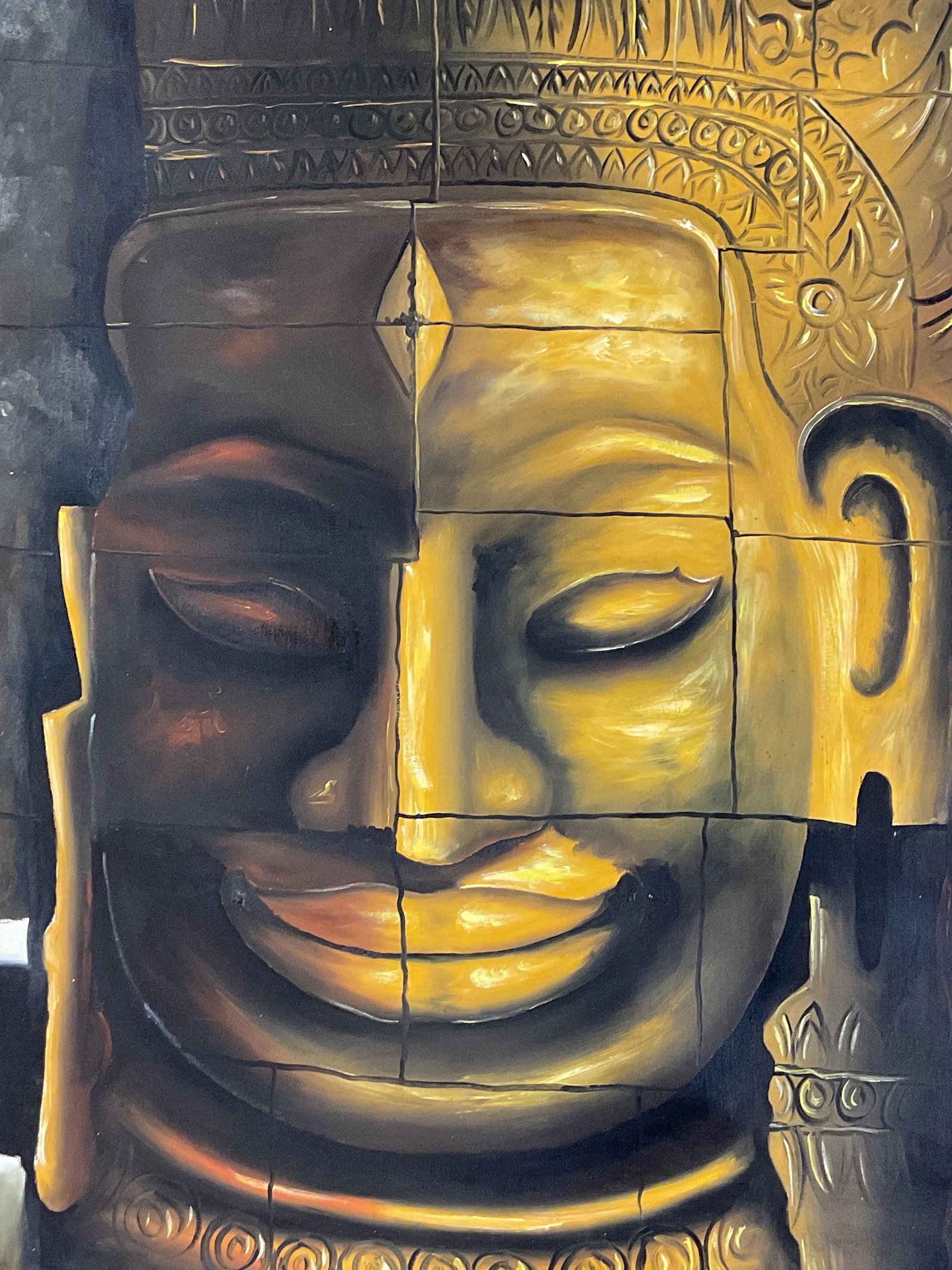 Signed Cambodian Folk Art Oil Painting 35in (1 of 6)