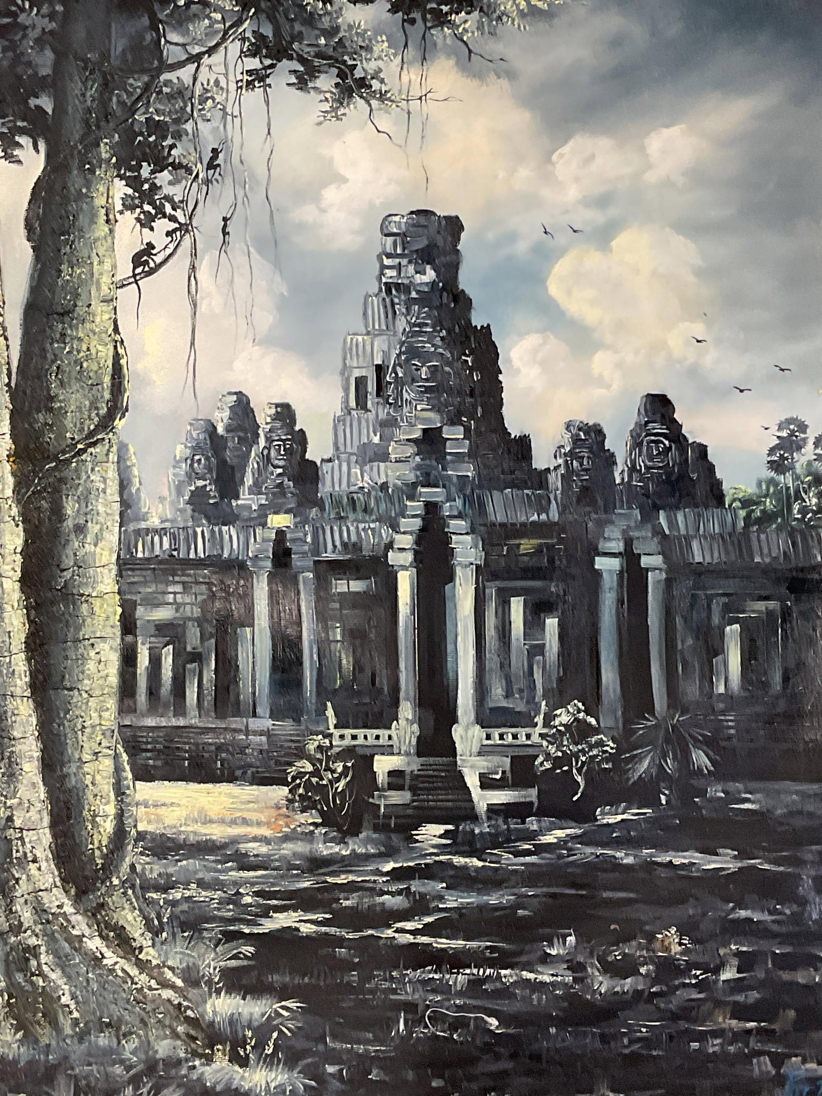 Signed Pot Pagna Angkor Wat Oil Painting 34in: Oil on red cotton oil painting. Signed lower right, Pot Pagna, Cambodia. View of Angkor Wat. Total dimensions approx 34 x 27 inches. Some rubbing and marks. Art, fine art, home decor, home accessories