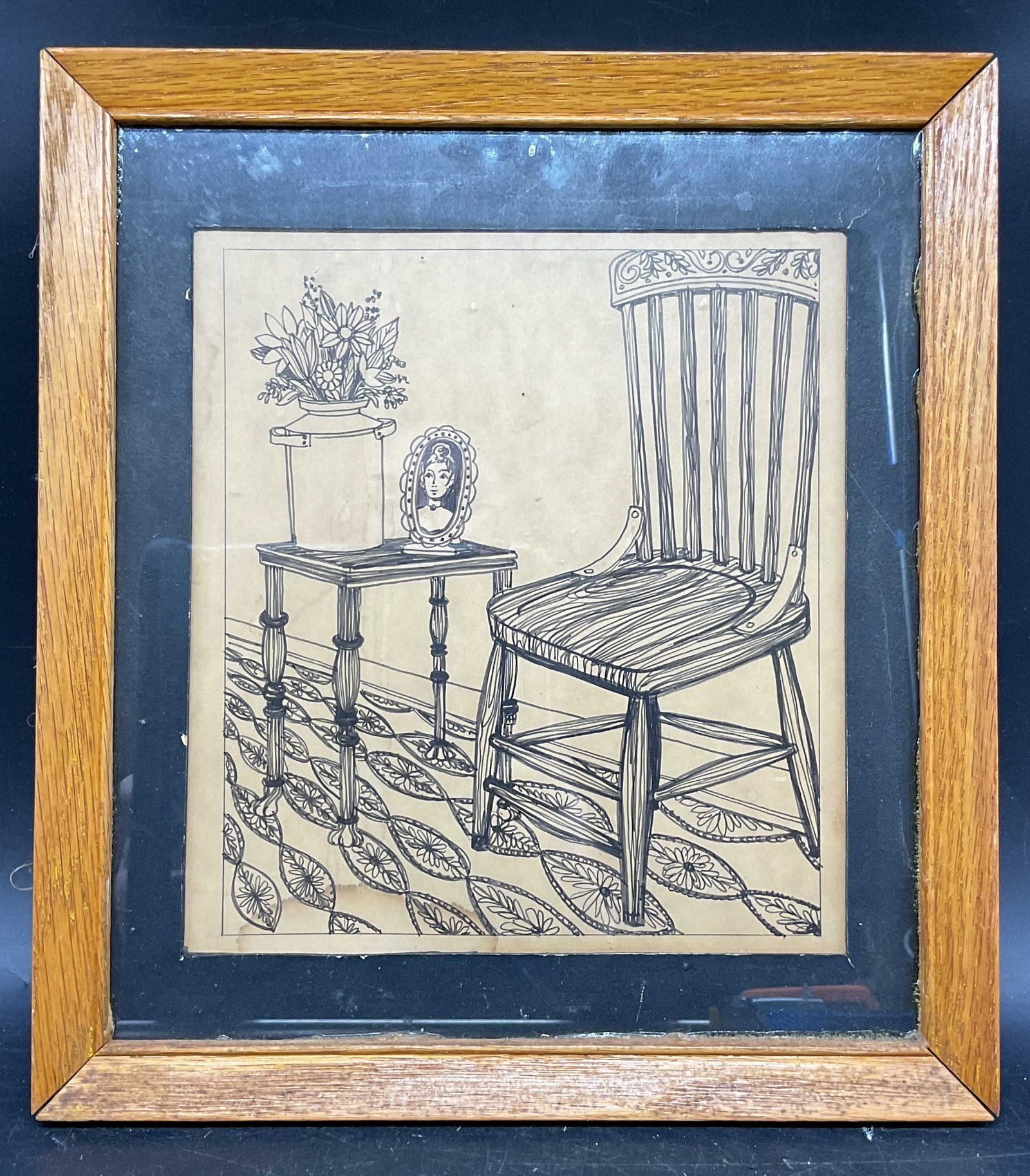 Framed Still Life Chair & Flowers Ink Drawing: Framed and matted ink drawing. Still life with chair, flowers, and picture. Wood frame. Not examined out of frame. Frame measures approx. 12.5 x 11.25 inches. Wear including foxing. Art, framed art, h
