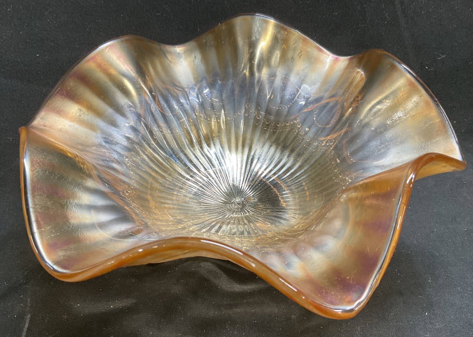 ANTQ Northwood Marigold Carnival Glass Compote: Antique Early 1900s Northwood Marigold Carnival Glass Ruffled Edge Footed Compote. Marked N in Center. Scratching and Color Loss Present. Measures app 3.25in H x 7.5in Diam. Antiques, 1900s, Northwood