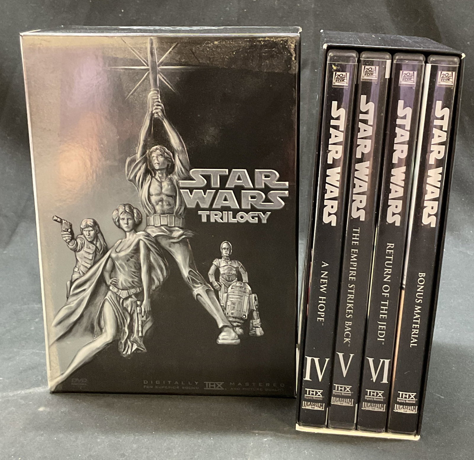 Set 4 2004 Star Wars Trilogy DVDs: Set of 4 Star Wars Trilogy DVDs. Includes A New Hope IV, The Empire Strikes Back V, Return Of The Jedi VI, and Bonus Material. 20th Century Fox, copyright 2004 Lucasfilm. Comes in box set. Comes with 