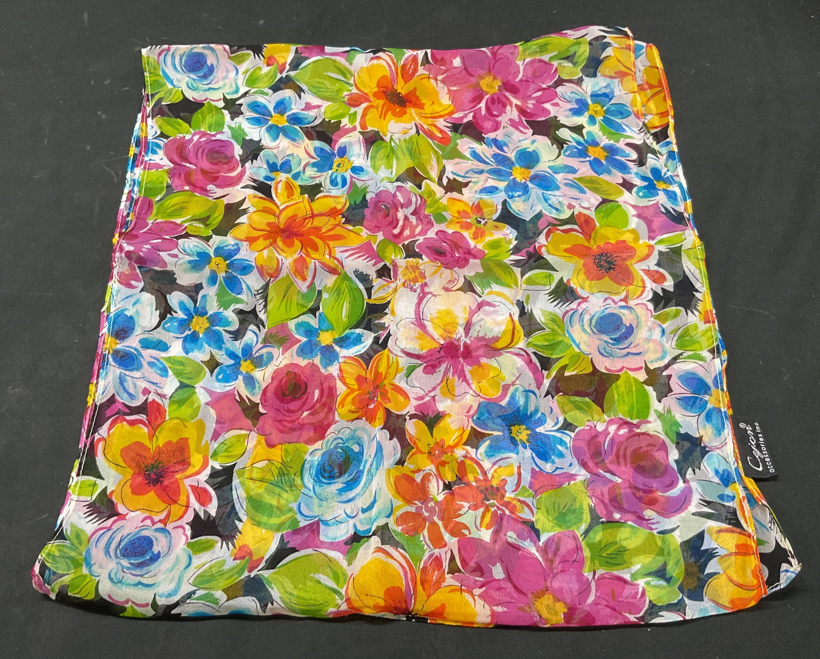 Cejon Multicolor Floral Silk Scarf: Cejon multicolor floral silk scarf. Floral motifs in varying colors. Measures approx 12.5 x 58 inches. Wear consistent with exposure. Silk scarf, scarf, Cejon, wearables, clothing, outerwear, fashion,