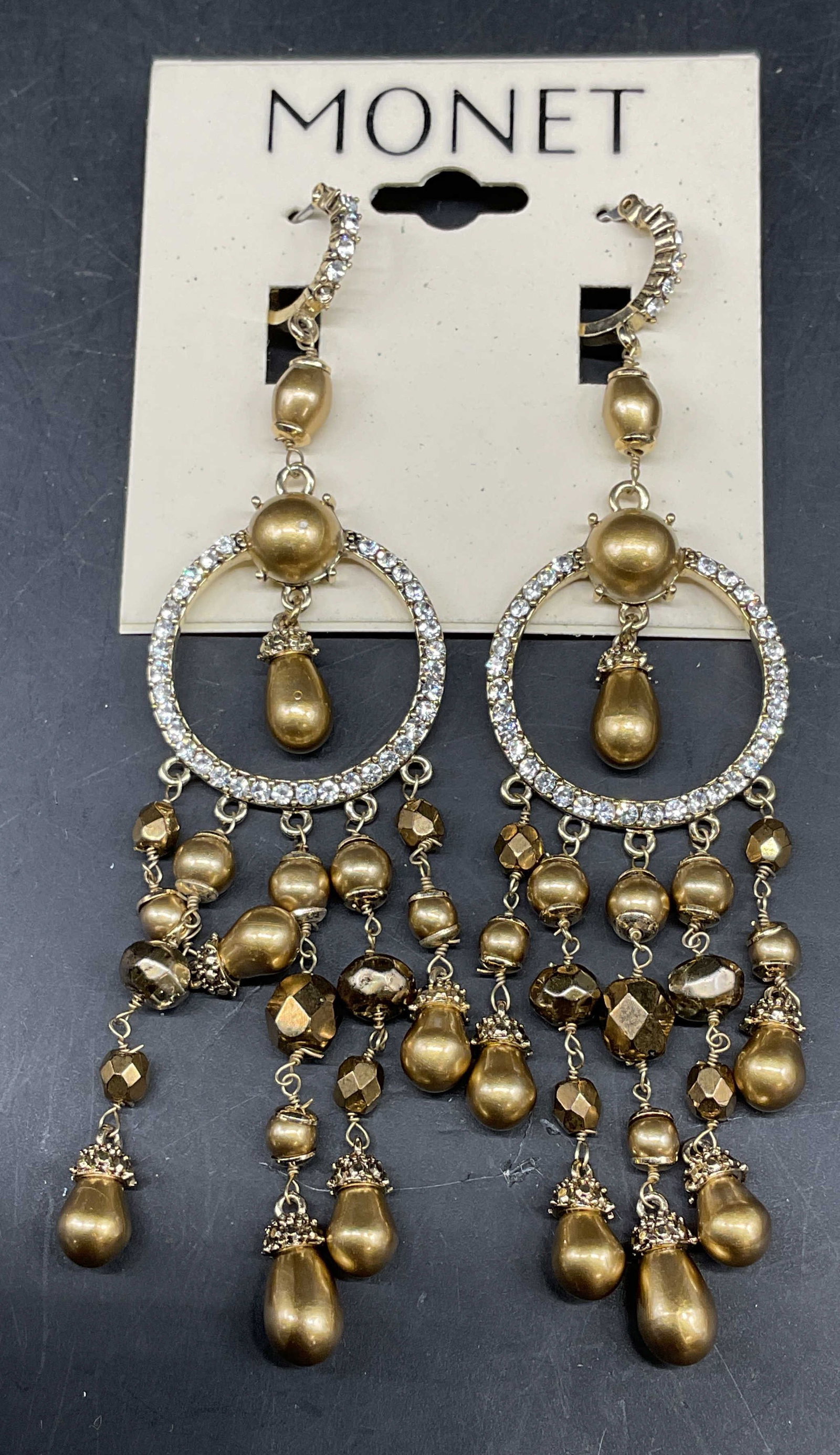Vtg Monet Faux Pearl Chandelier Earrings NWT: Vintage Monet faux pearl and rhinestone chandelier earrings. New with tag. Measures approx. 4 inches long. Some scratching. Jewelry, costume jewelry, estate jewelry, cocktail jewelry, fashion jewelry,