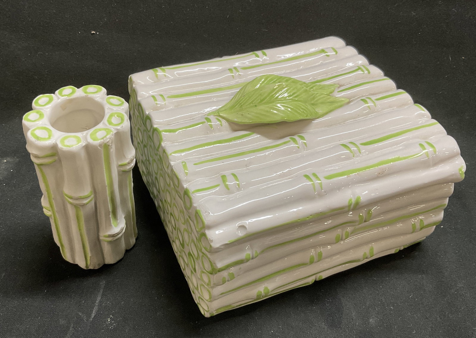 VTG 60s-70s ITALIAN Majolica Bamboo Lidded Box+: Vintage Circa 1960s-1970s Italian Majolica Green Bamboo Design Lidded Trinket Box with Matching Bud Vase. Chips Present. Box Measures app 2.5in H x 4.5in L x 4in W. Vintage Trinket Boxes, 1960s, 1970s