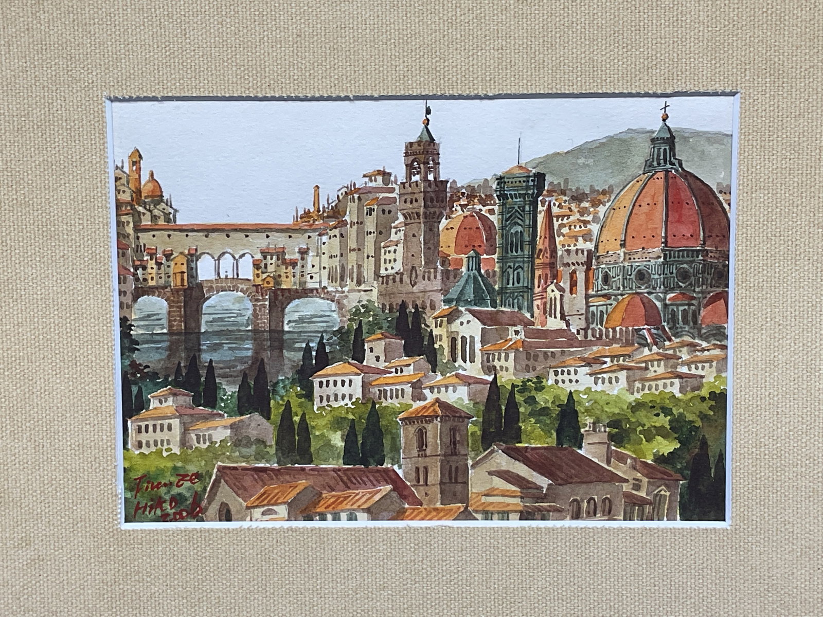 Hiko Nagahama Florence Scene Watercolor Painting: Matted watercolor painting on paper. Signed lower left and on the verso Hiko Nagahama (Japanese, 20th century). Florence city scene. Sight measures approx. 4 x 5.75 inches. Some wear consistent with e
