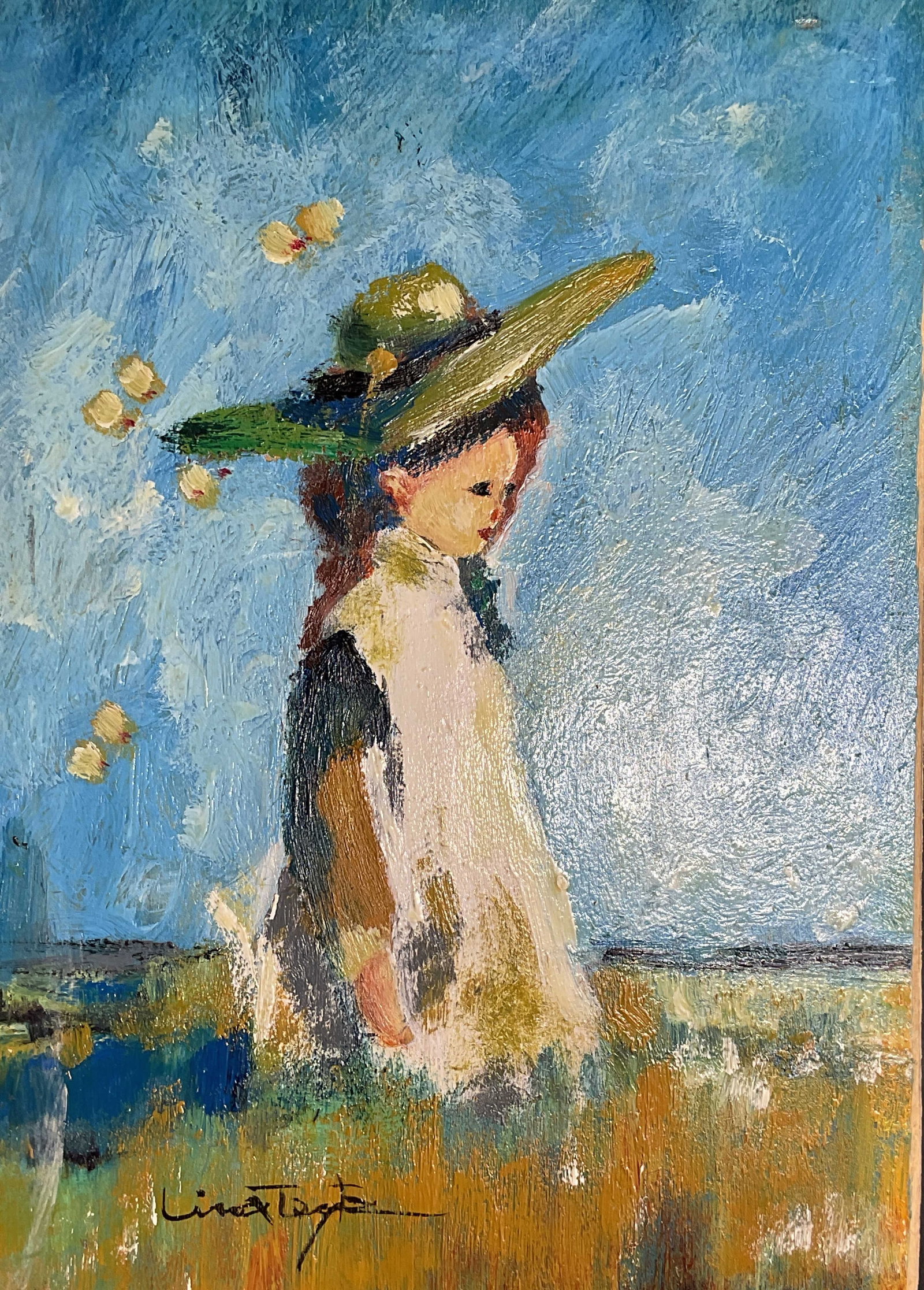 Signed Girl With Hat Oil Painting: Oil painting on board. Signed illegibly lower left. Impressionist style girl wearing a hat. Board measures approx. 6.25 x 4.25 inches. Art, fine art, home decor, home accessories, wall decor, wall acc