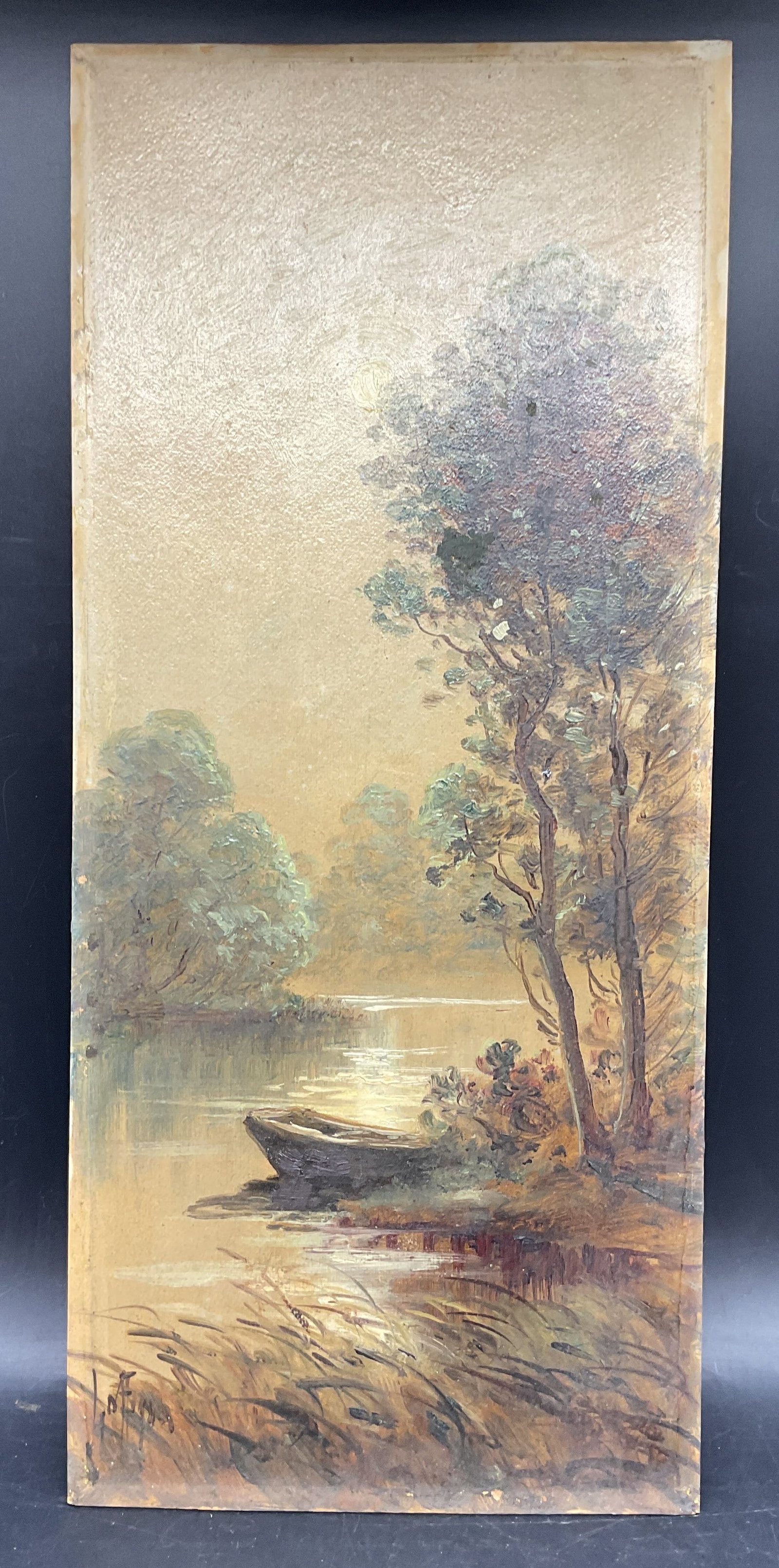 Signed Landscape with Boat Oil Painting: Oil painting on board. Signed lower left illegibly. Landscape scene with boat at shore. Board measures approx. 19.75 x 8.75 inches. Wear including discoloration and scratching. Art, fine art, home