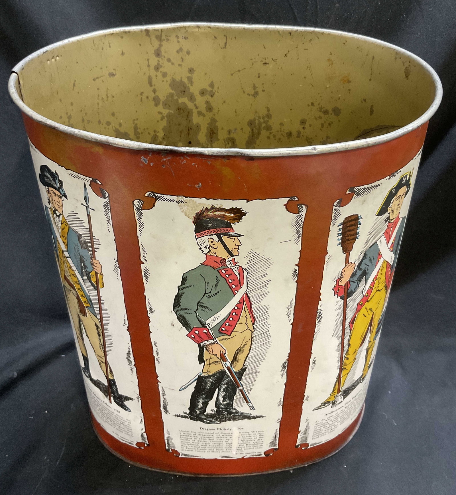 VTG 68 Cheinco Revolutionary War Theme Waste Bin: Vintage 1968 Cheinco Inc Revolutionary War Theme Tin Waste Bin. Features Illustrations of Soldiers with Historical Facts Text on the Front and a Design of a Military Recruitment Poster for George