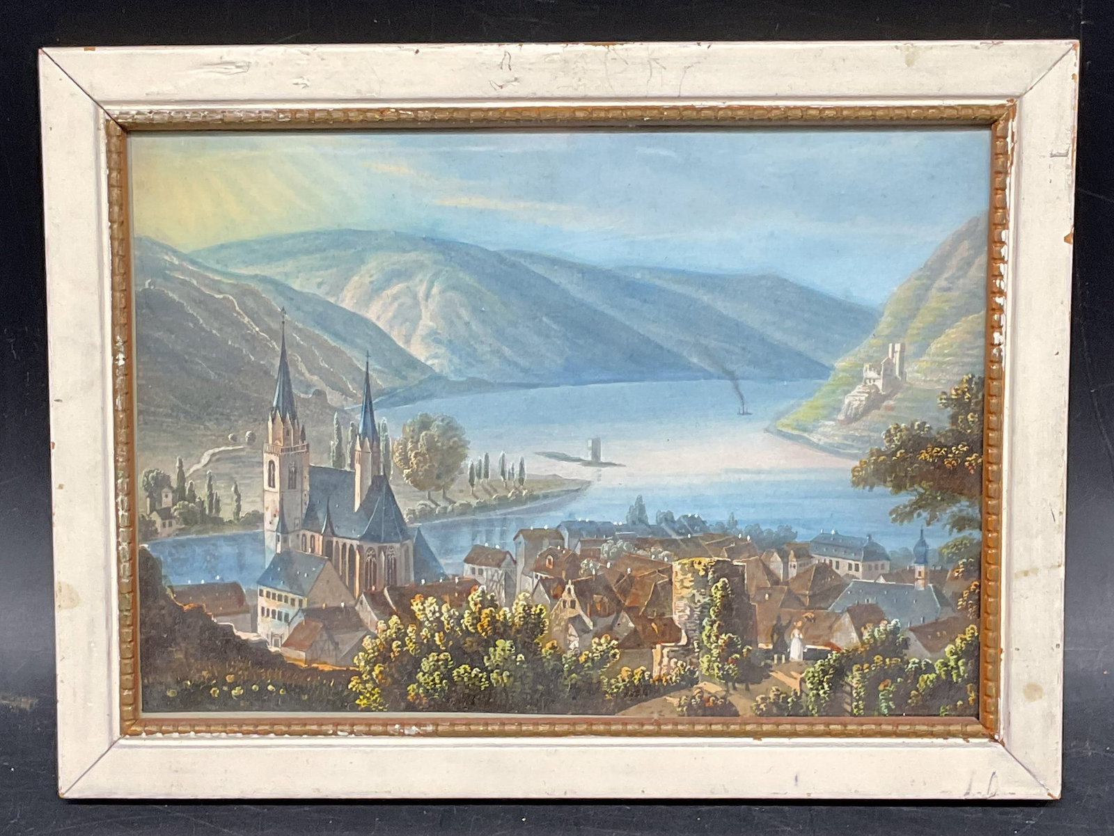 Framed European Town & Landscape Lithograph: Framed lithograph. European town with landscape. Wood frame. Not examined out of frame. Frame measures approx. 6 x 8 inches. Some wear consistent with exposure. Art, framed art, home decor, home acces