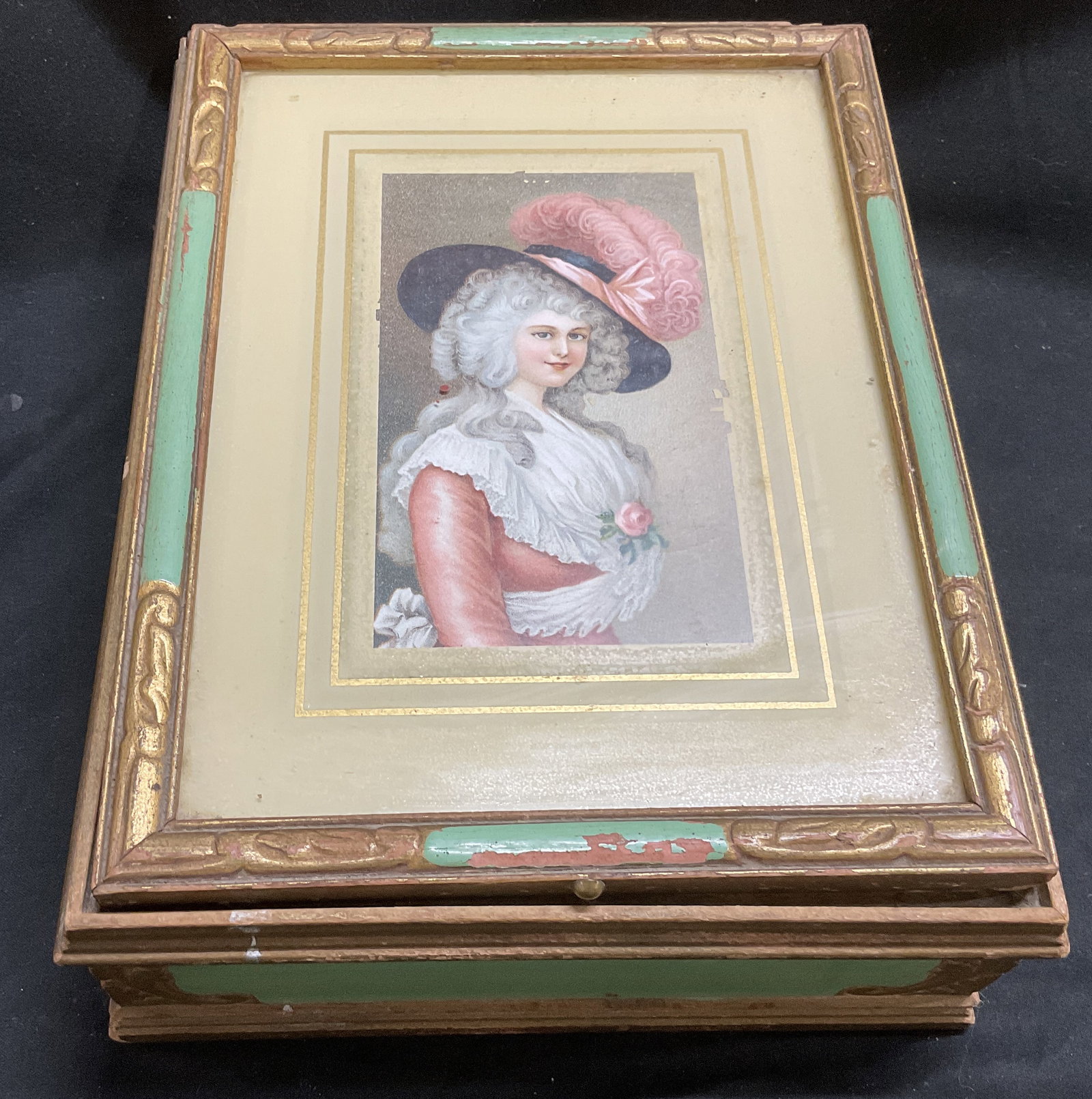 VTG 40s-60s 18th C Style Portrait Vanity Box: Vintage Circa 1940s-1960s 18th-Century Style Woman Portrait Vanity Box. Wooden with Green Panels and Gilt Scrolling. Contains 3 Divided Sections and Mirror Inside. Paint Chipping Present. Needs