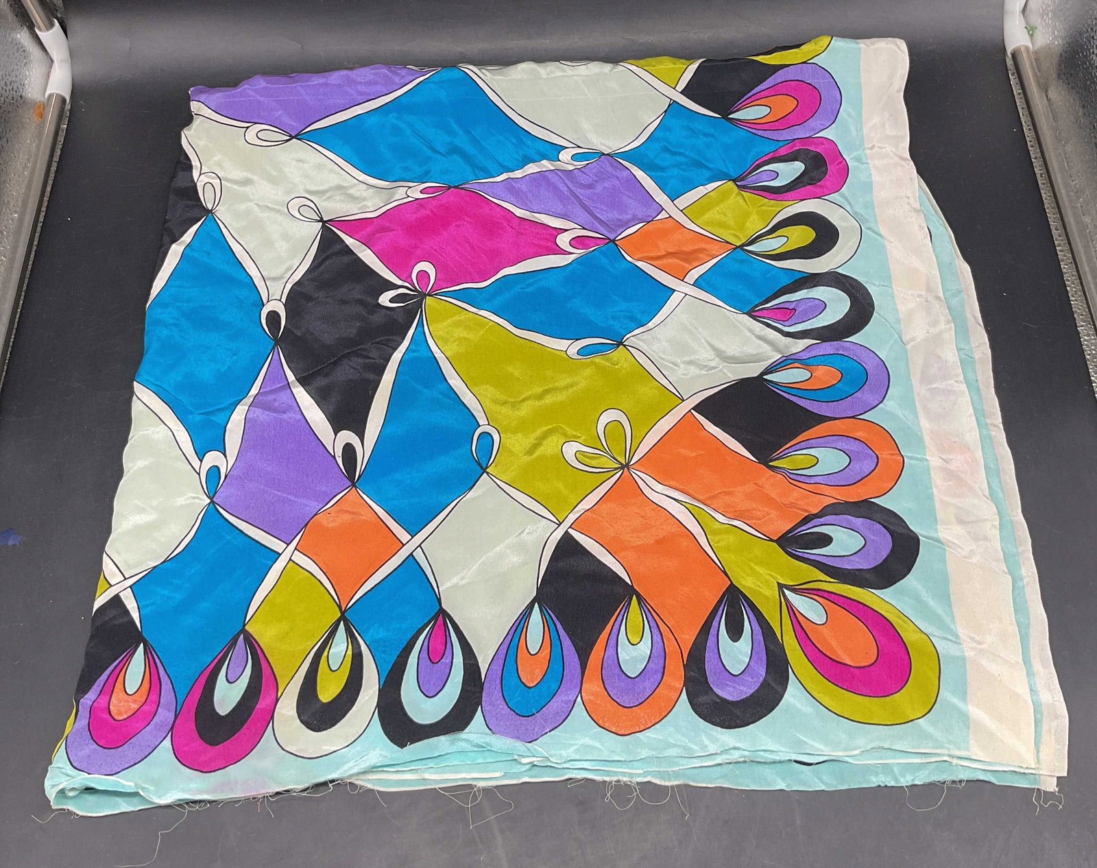 Multicolor Geometric Pattern Silk Scarf: Multicolor geometric pattern silk scarf. Measures approx. 34 x 34 inches. Raw edges. Some blemishes and pulling. Scarf, silk scarf, geometric scarf, accessories, fashion accessories, 10 sb