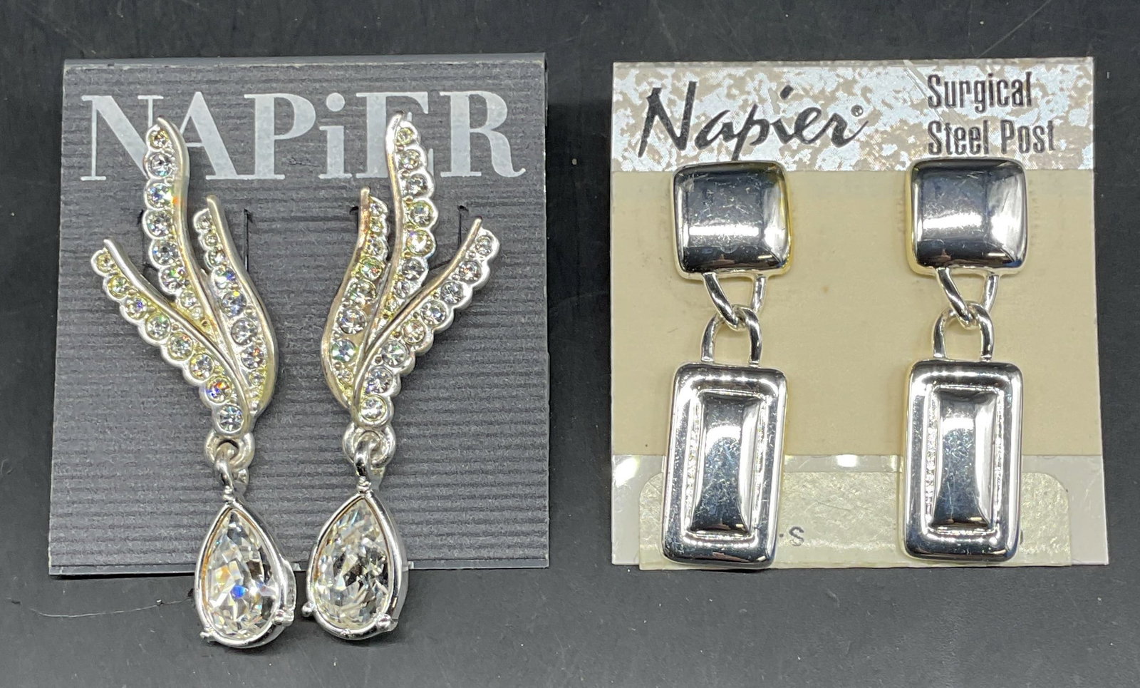 Lot 2 Vintage Napier Silver Tone Earrings NWT: Lot of 2 pairs of vintage Napier silver tone and rhinestone earrings. New with tags. Larger measures approx. 2 inches long. Some scratching. Jewelry, estate jewelry, costume jewelry, cocktail jewelry,