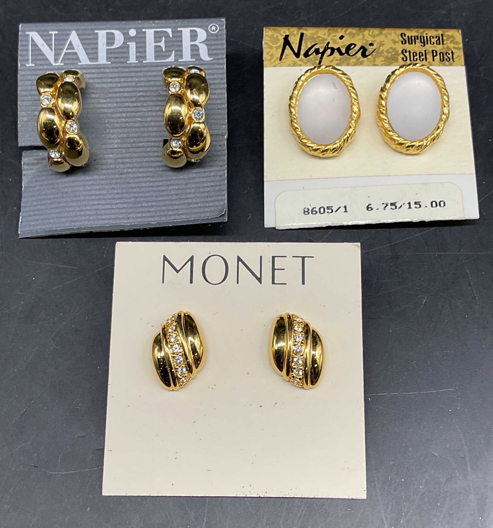Lot 3 Napier & Monet Gold Tone Earrings NWT: Lot of 3 pairs of vintage Napier and Monet gold tone earrings with rhinestone and lucite accents. New with tags. Largest measures approx. 1 inch long. Some scratching. Jewelry, estate jewelry, costume