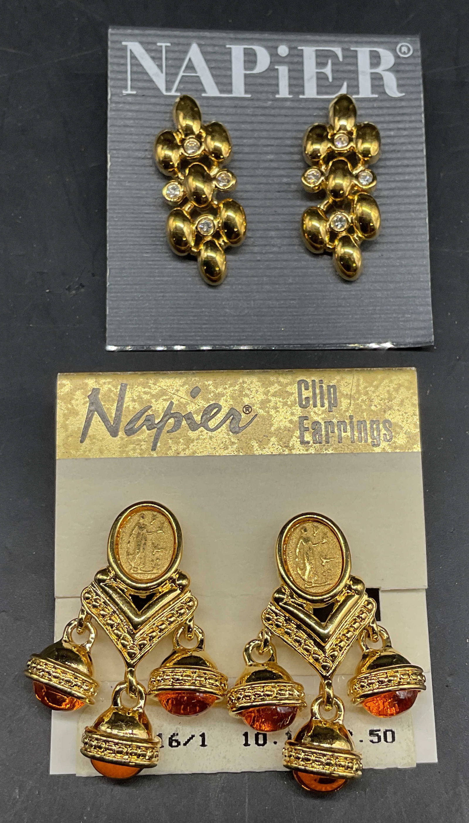 Lot 2 Vintage Napier Gold Tone Earrings NWT: Lot of 2 pairs of vintage Napier gold tone earrings with rhinestone and amber glass accents. Larger measures approx. 1.5 inches long. Some scratching. Jewelry, estate jewelry, costume jewelry, cocktai