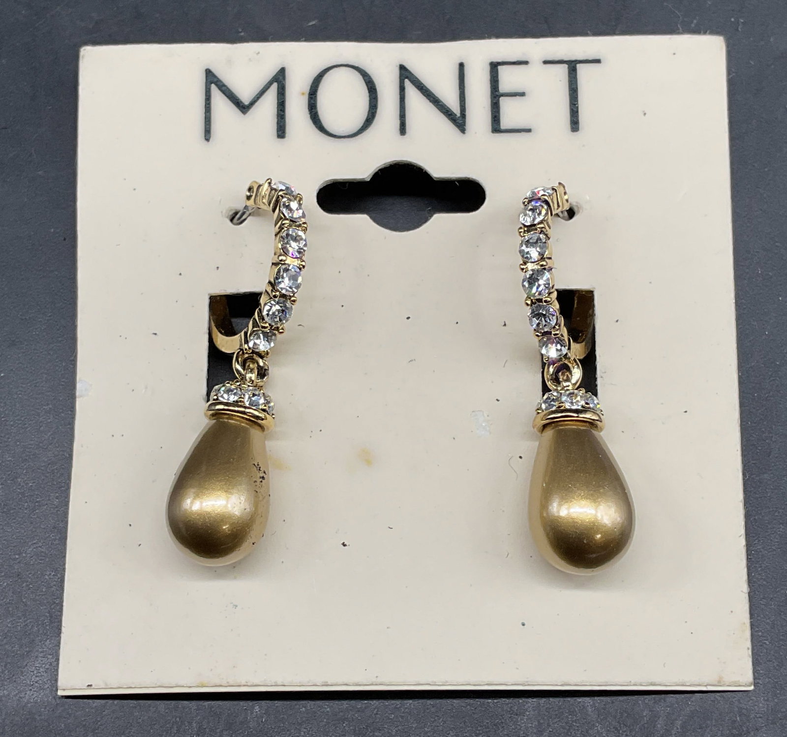 Monet Faux Pearl Rhinestone Earrings NWT: Vintage Monet gold tone faux pearl and rhinestone earrings. New with tag. Measures approx. 1.25 inches long. Some scratching. Jewelry, estate jewelry, costume jewelry, cocktail jewelry, fashion jewelr