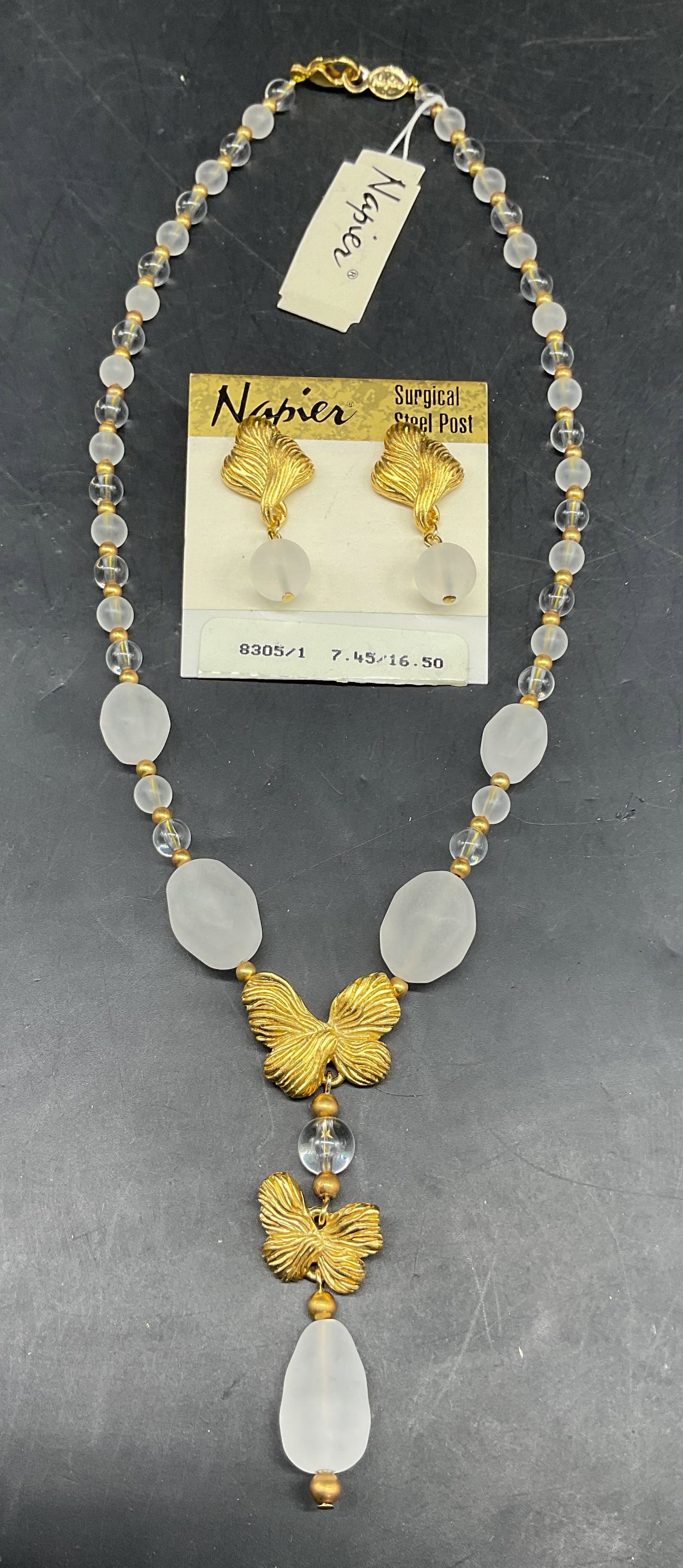 2 Napier Gold Tn Lucite Necklace & Earrings NWT: Lot of 2 vintage matching Napier necklace and earrings. Gold tone with frosted lucite beads. New with tags. Necklace drop length approx 8 inches. Earrings measures approx. 1 3/8 inches long. Some scra