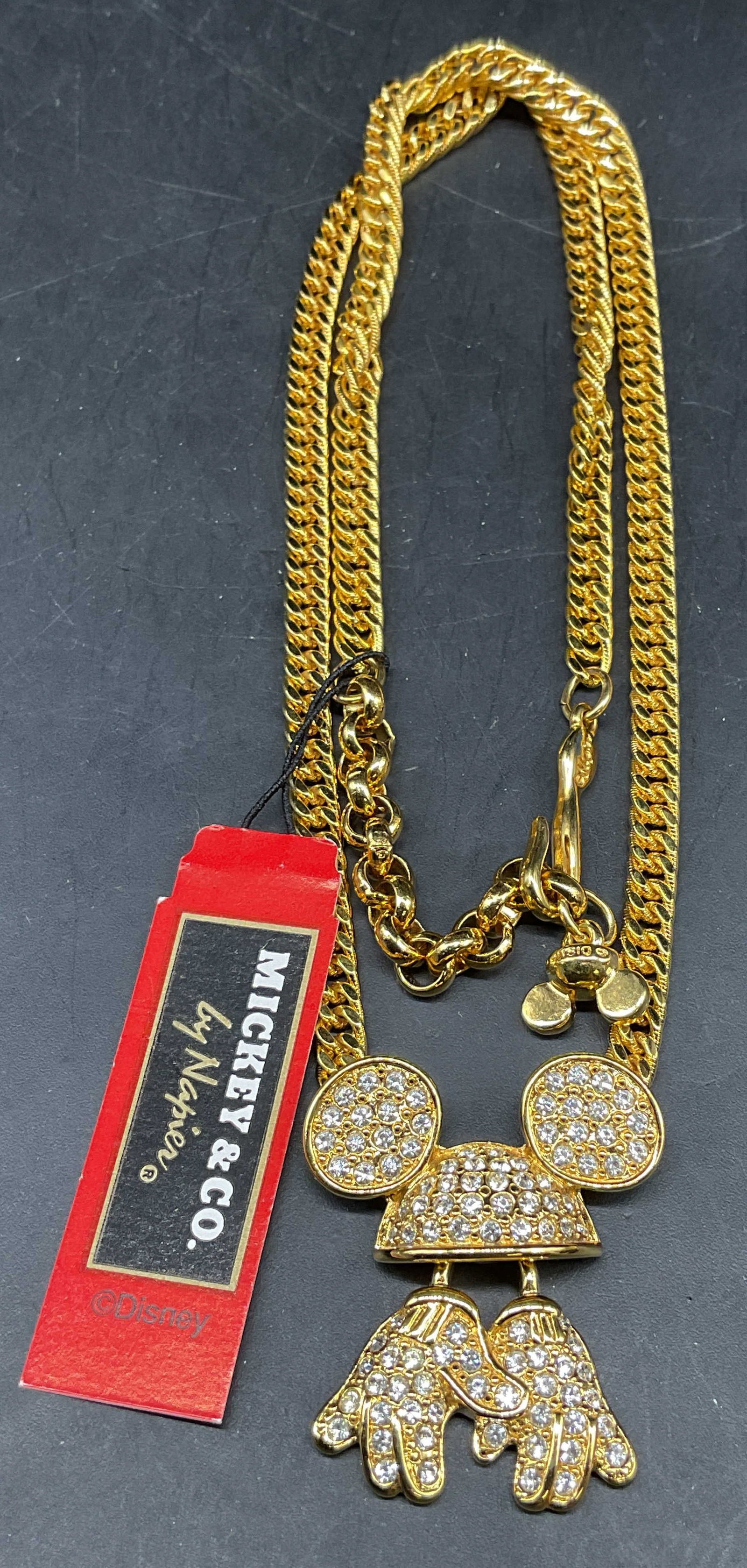 Napier Mickey Mouse Pendant Necklace NWT: Vintage Mickey & Co by Napier gold tone Mickey Mouse rhinestone pendant necklace. New with tag. Drop length 9 inches. Some scratching. Jewelry, estate jewelry, costume jewelry, cocktail jewelry, fashi