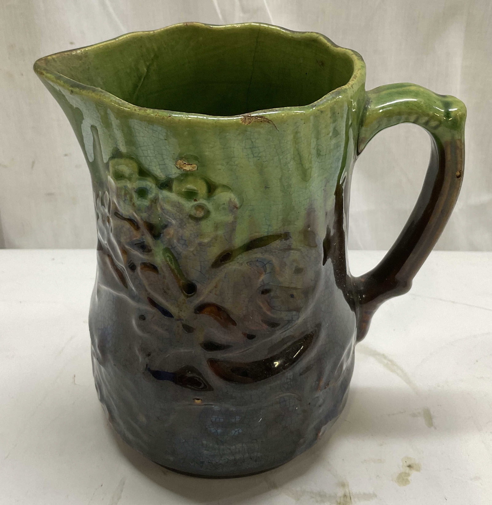 ANTQ Brown&Green Glaze Majolica Pottery Pitcher (1 of 6)