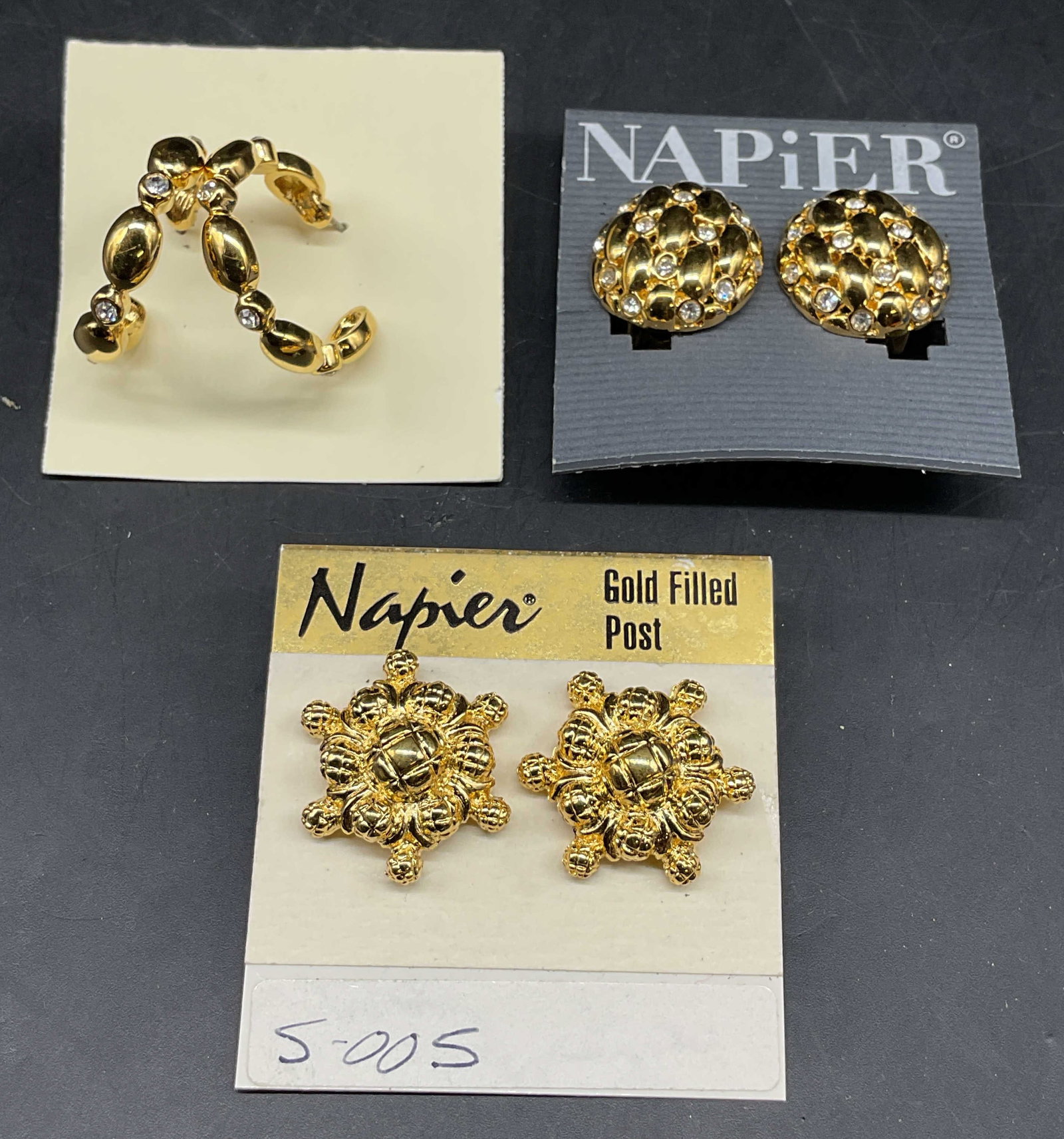 Lot 3 Vintage Napier Gold Tone Earrings NWT: Lot of 3 pairs of vintage Napier gold tone and rhinestone earrings. 2 pairs new with tags. Largest measures approx. 1 inch long. Some scratching. Jewelry, estate jewelry, costume jewelry, cocktail jew