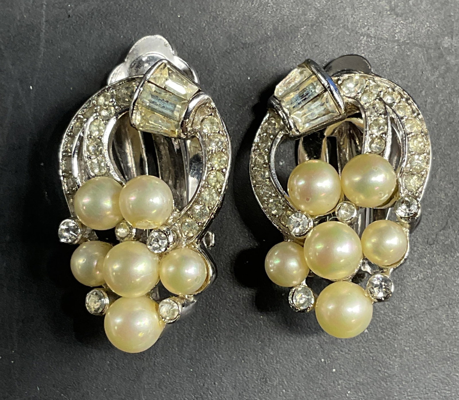 Vintage Trifari Silver Tone Faux Pearl Earrings: Vintage Trifari silver tone faux pearl and rhinestone earrings. Measures approx. 1 inch long. Some scratching. Jewelry, estate jewelry, costume jewelry, cocktail jewelry, fashion jewelry, accessories,