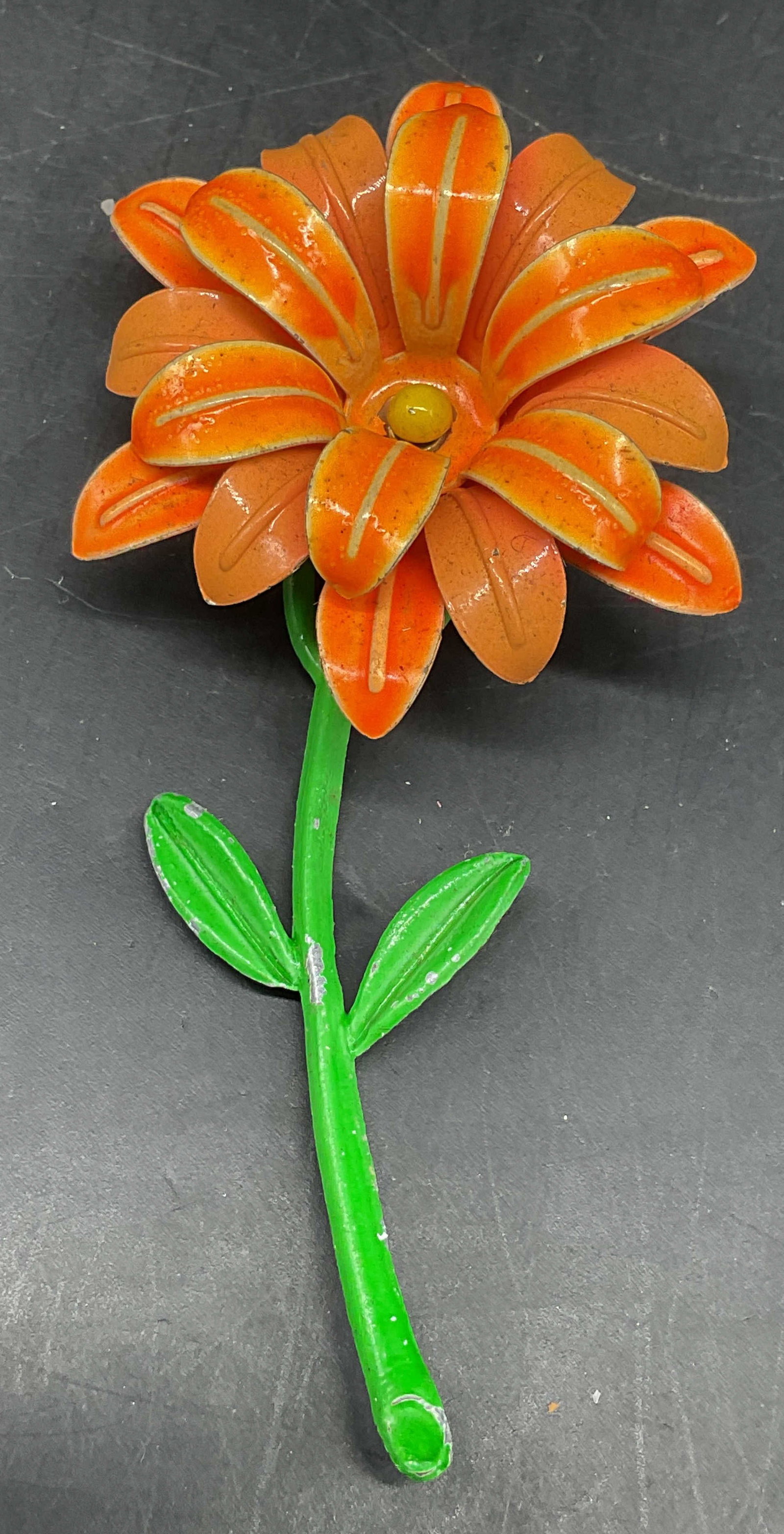Vintage Orange Enamel Flower Brooch 4 Inches: Vintage orange enamel flower brooch. Measures approx. 4.25 x 2 inches. Some scratching. Jewelry, estate jewelry, costume jewelry, cocktail jewelry, fashion jewelry, accessories, fashion accessories, 1