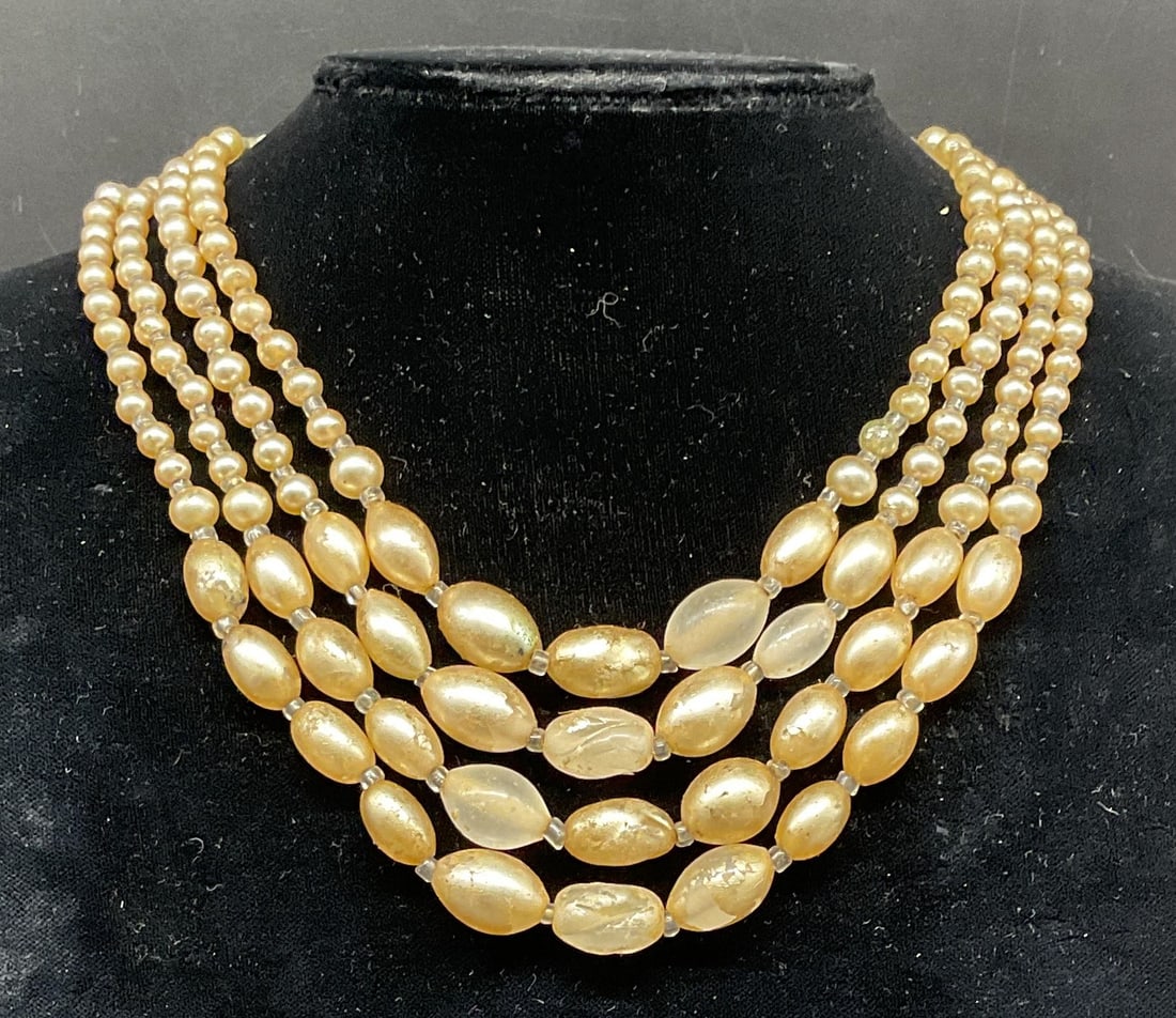 Vintage Faux Pearl Beaded Necklace: Vintage faux pearl beaded four strand necklace. Drop length 5 inches. Some peeling and scratching. Jewelry, estate jewelry, costume jewelry, cocktail jewelry, fashion jewelry, accessories, fashion acc