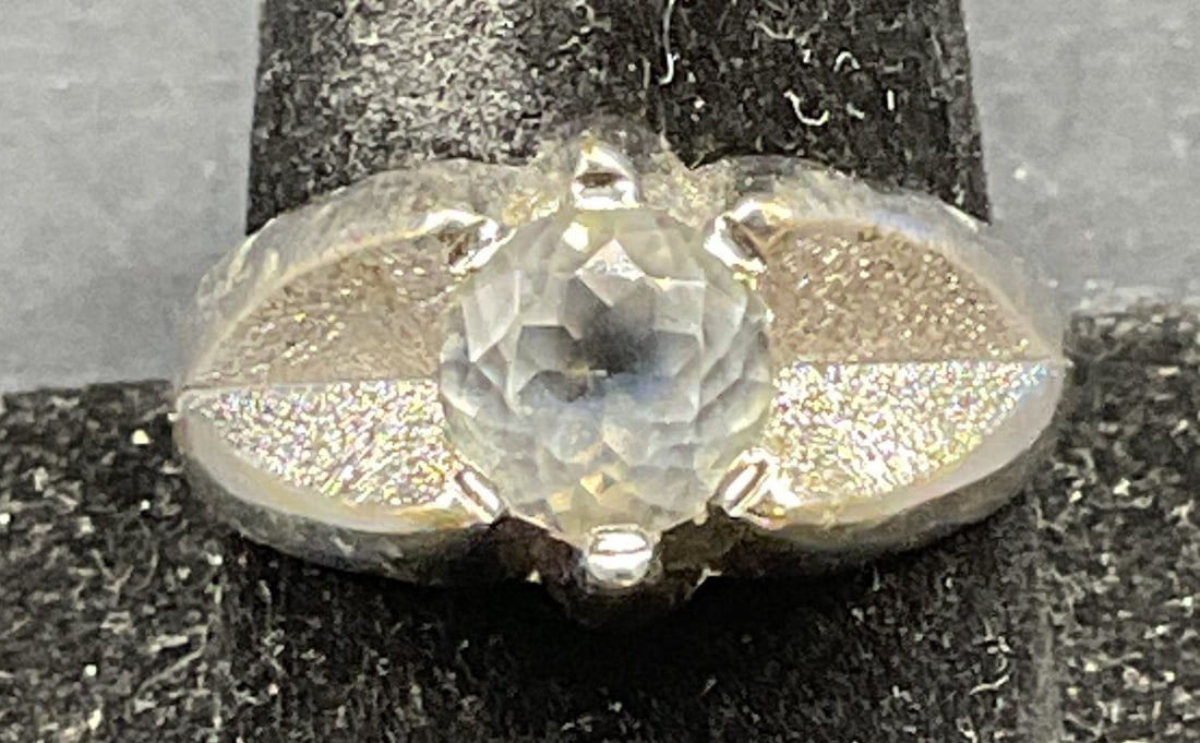 18k Gold Plated Crystal Ring: 18k white gold plated ring with crystal. Size 10. Some scratching. Jewelry, estate jewelry, costume jewelry, cocktail jewelry, fashion jewelry, accessories, fashion accessories, 10 j
