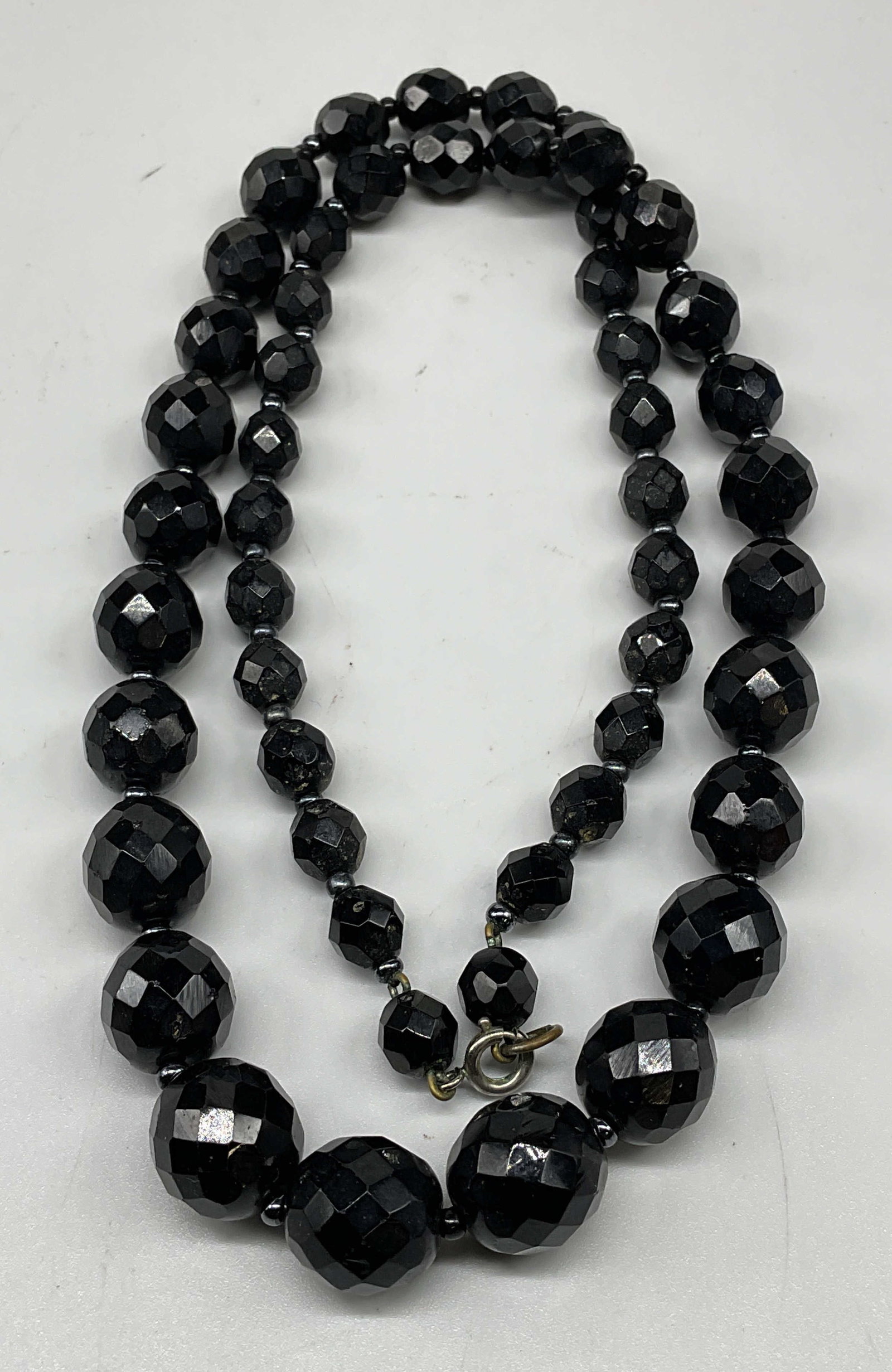Vintage Black Crystal Beaded Necklace: Vintage black crystal beaded necklace. Drop length 11 inches. Some scratching. Jewelry, estate jewelry, costume jewelry, cocktail jewelry, fashion jewelry, accessories, fashion accessories, 10 j