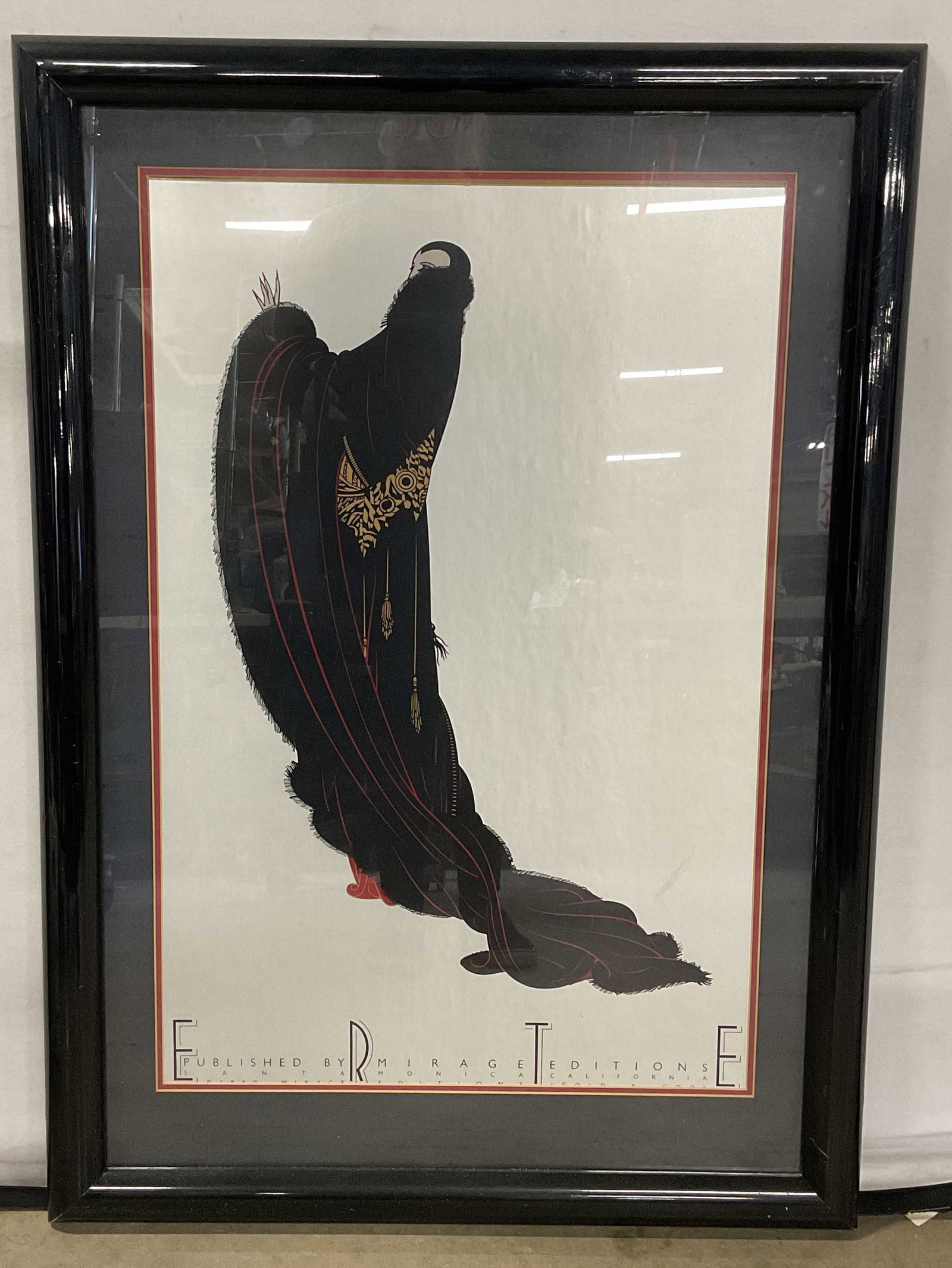 Framed 1980 ERTE Soiree Lithograph 38in: Framed and matted lithograph poster. ERTE. Soiree. Art deco style poster. Printed c 1980. Black frame. Not examined out of frame. Frame measures approx. 38.5 x 27.5 inches. Some wear consistent with e