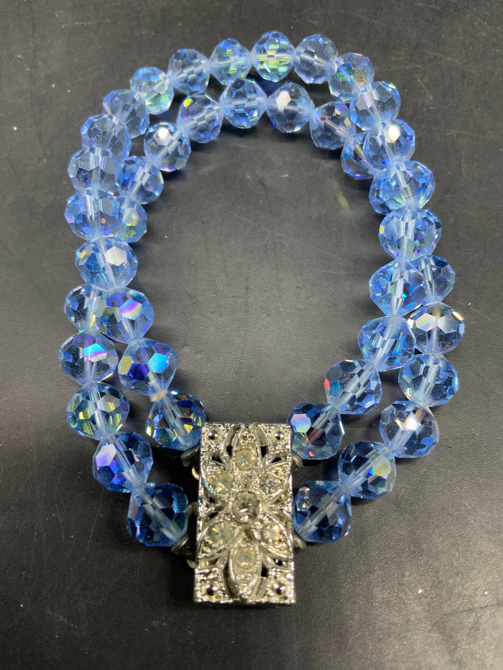 Vintage Blue Iridescent and Rhinestone Bracelet (1 of 8)