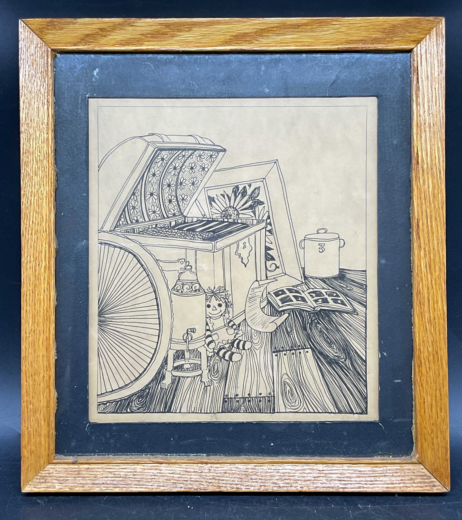 Framed Still Life Trunk & Doll Ink Drawing (1 of 6)
